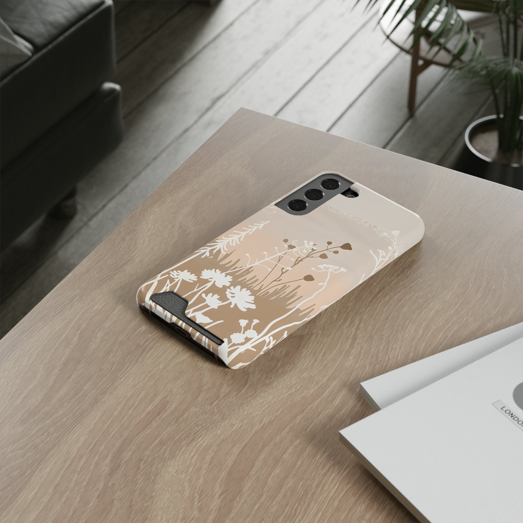 Nature-Inspired Phone Case with Card Holder - Floral Design