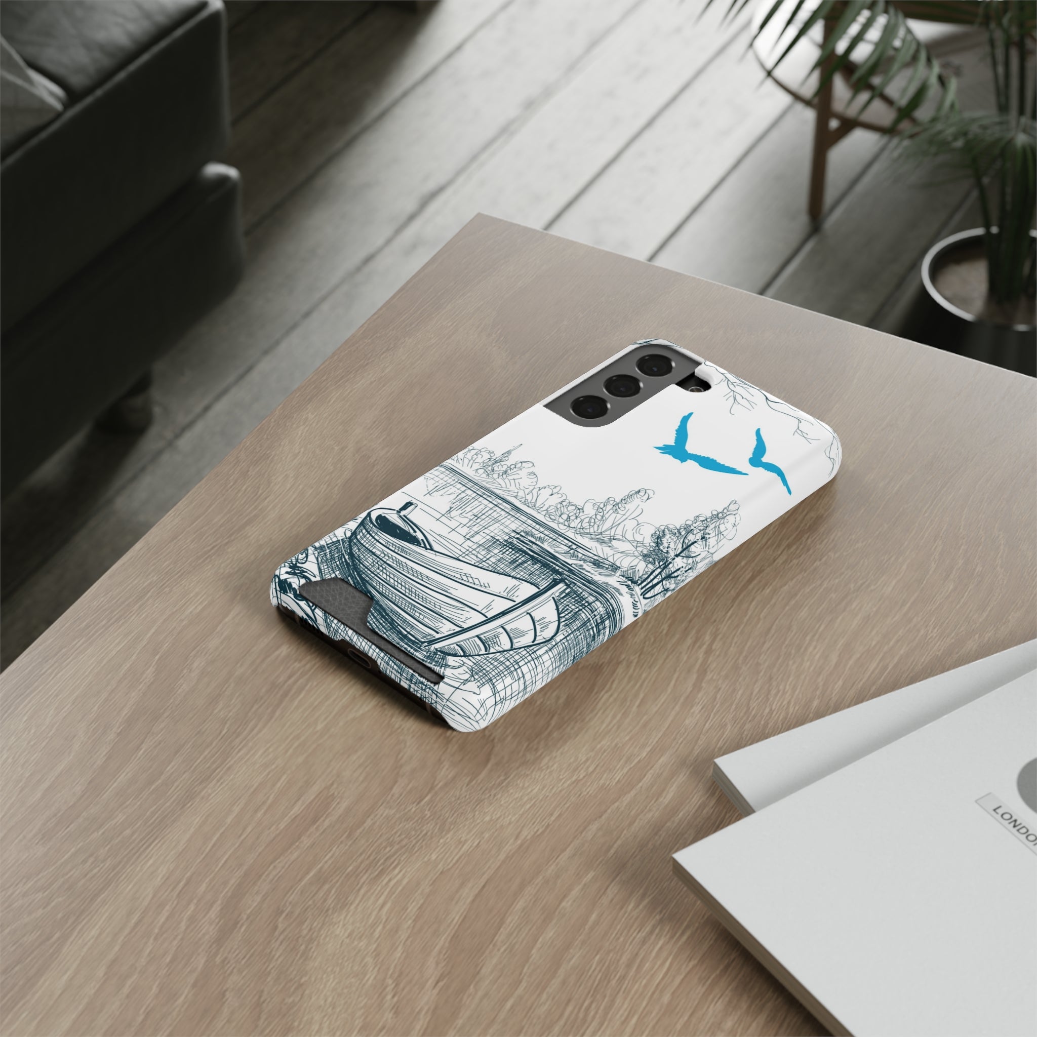 Scenic Boat Phone Case with Card Holder - Nature-Inspired Design for Outdoors Enthusiasts