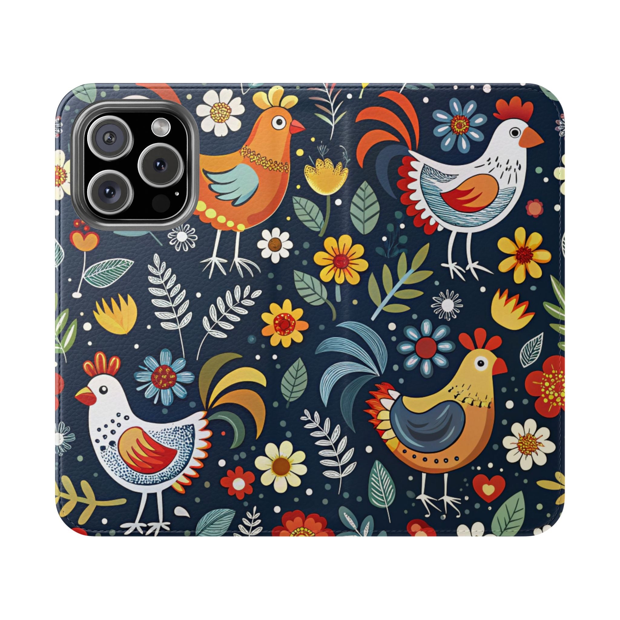 Colorful Chickens Blue Floral Flip Case For iPhone and Samsung Phones