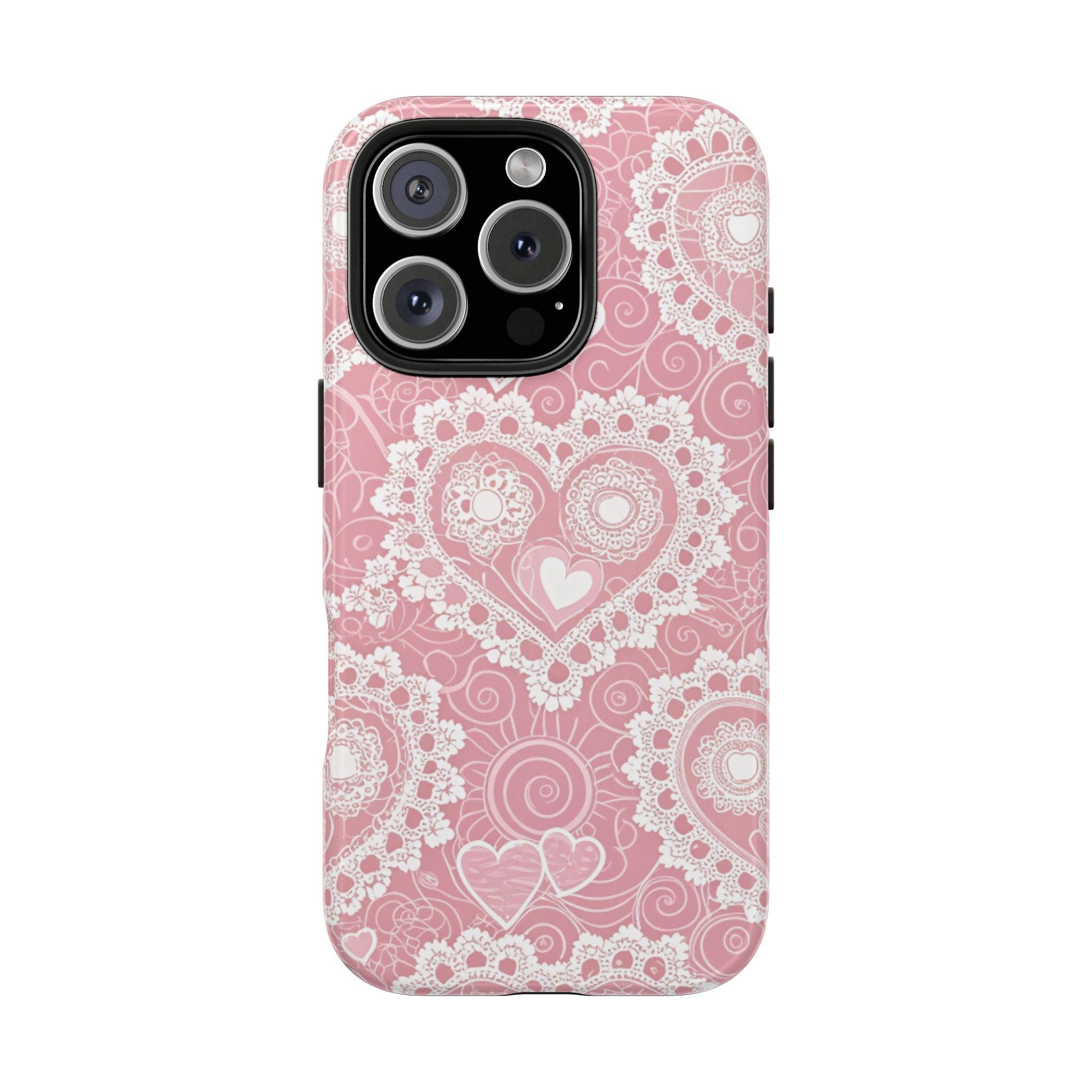 Charming Pink Lace Heart Pattern Tough iPhone Samsung Case Cute Phone Cover, Gift for Her, Valentine's Day, Trendy Protection, Love Themed