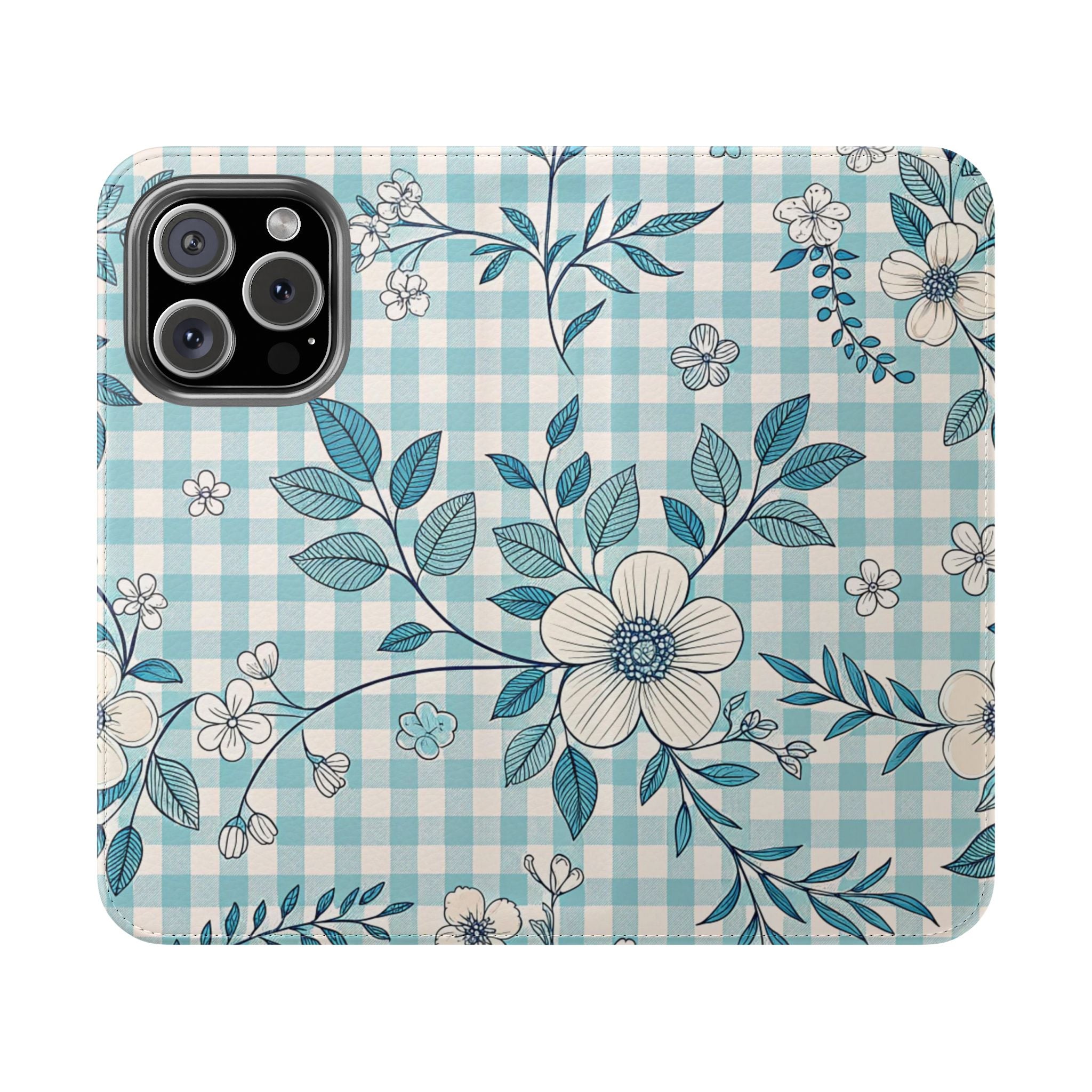 Floral Flip Case Elegant Blue Gingham Pattern for iPhone Samsung Phones