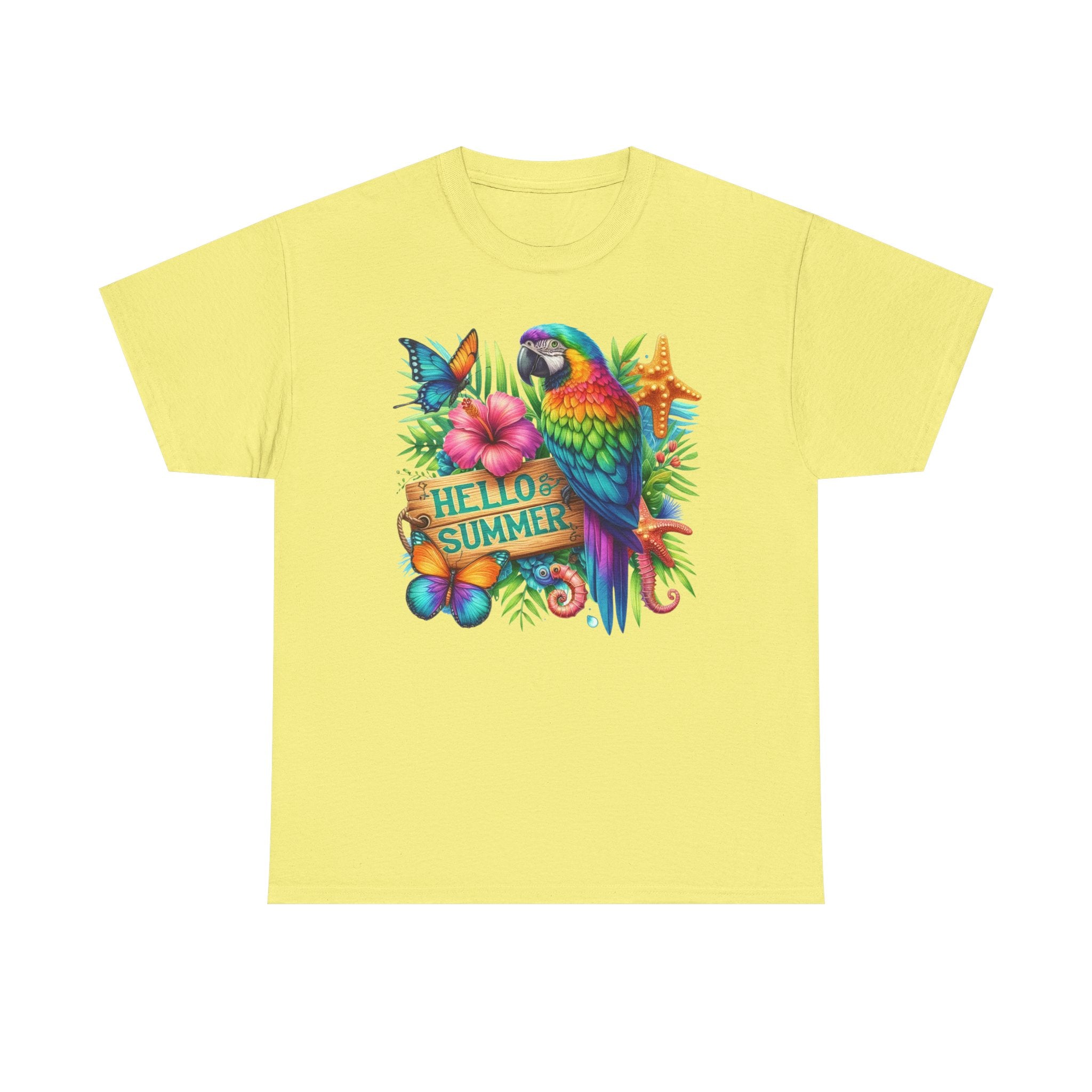 Colorful Beach Summer Vibes Tee With Parrot "Hello Summer" Tropical Design T-Shirt