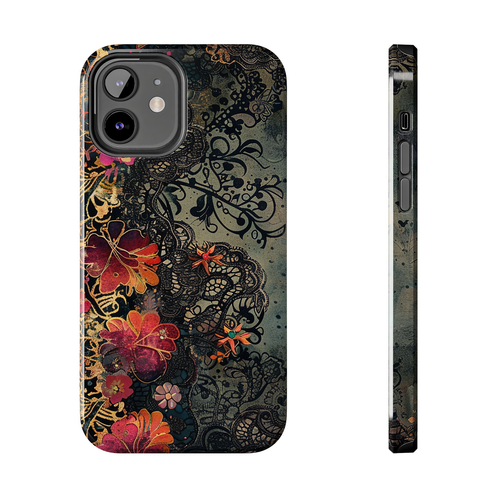 Floral Red, Gold, & Black Lace Phone Case
