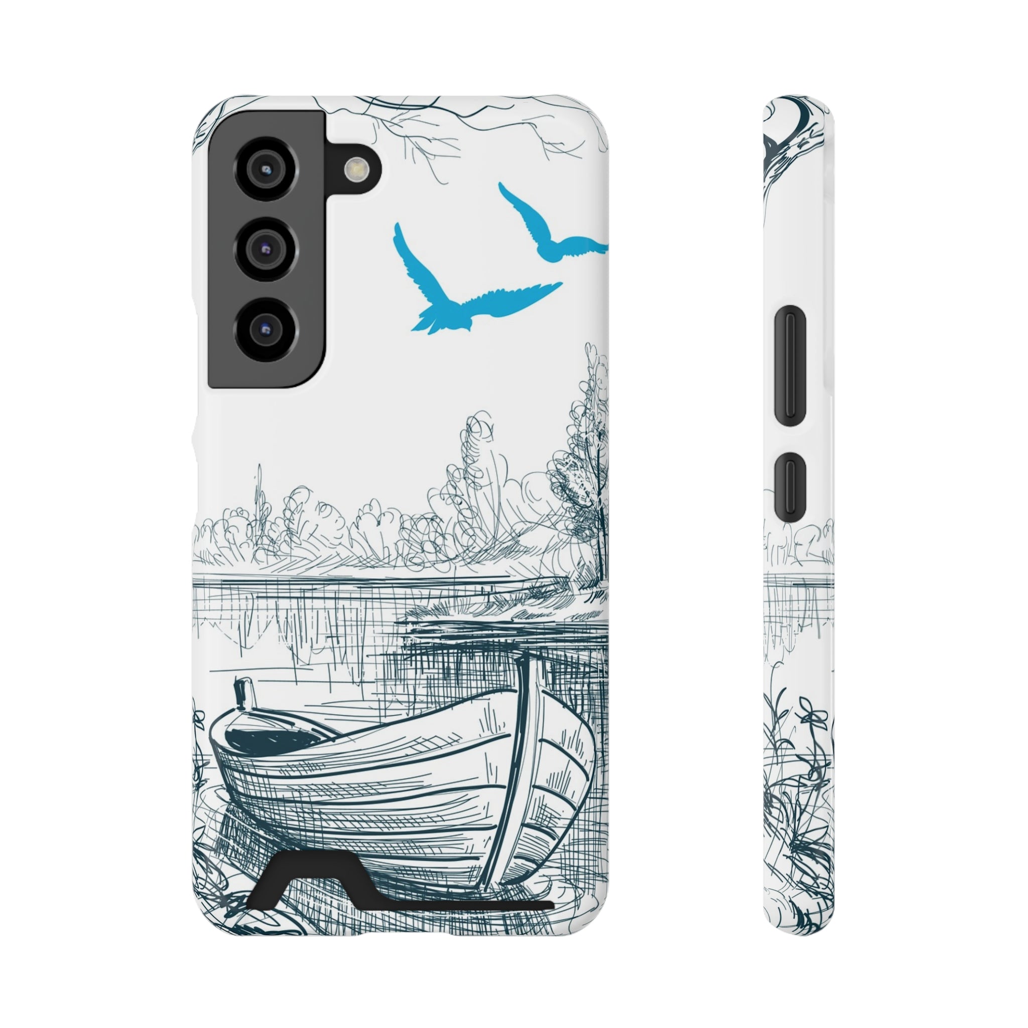 Scenic Boat Phone Case with Card Holder - Nature-Inspired Design for Outdoors Enthusiasts