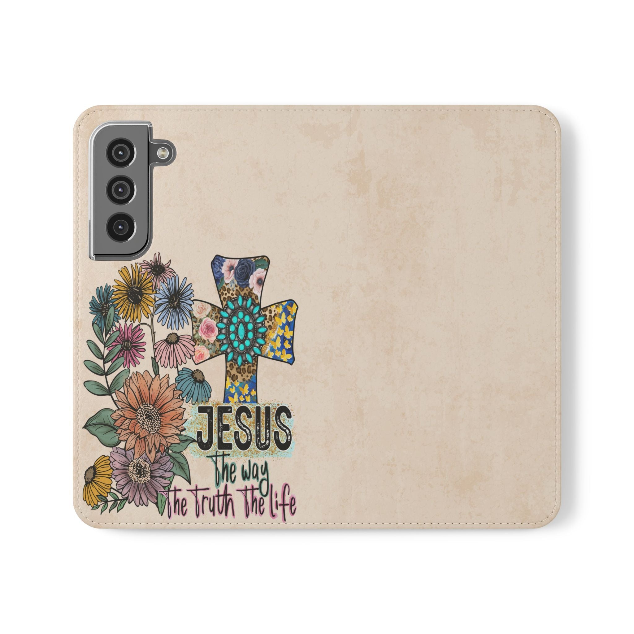 Floral Faith Flip Case Jesus The Way, Truth, Life Phone Wallet for Christians, Gift for Faith Lovers, Stylish Accessory For iPhone and Samsung Phones