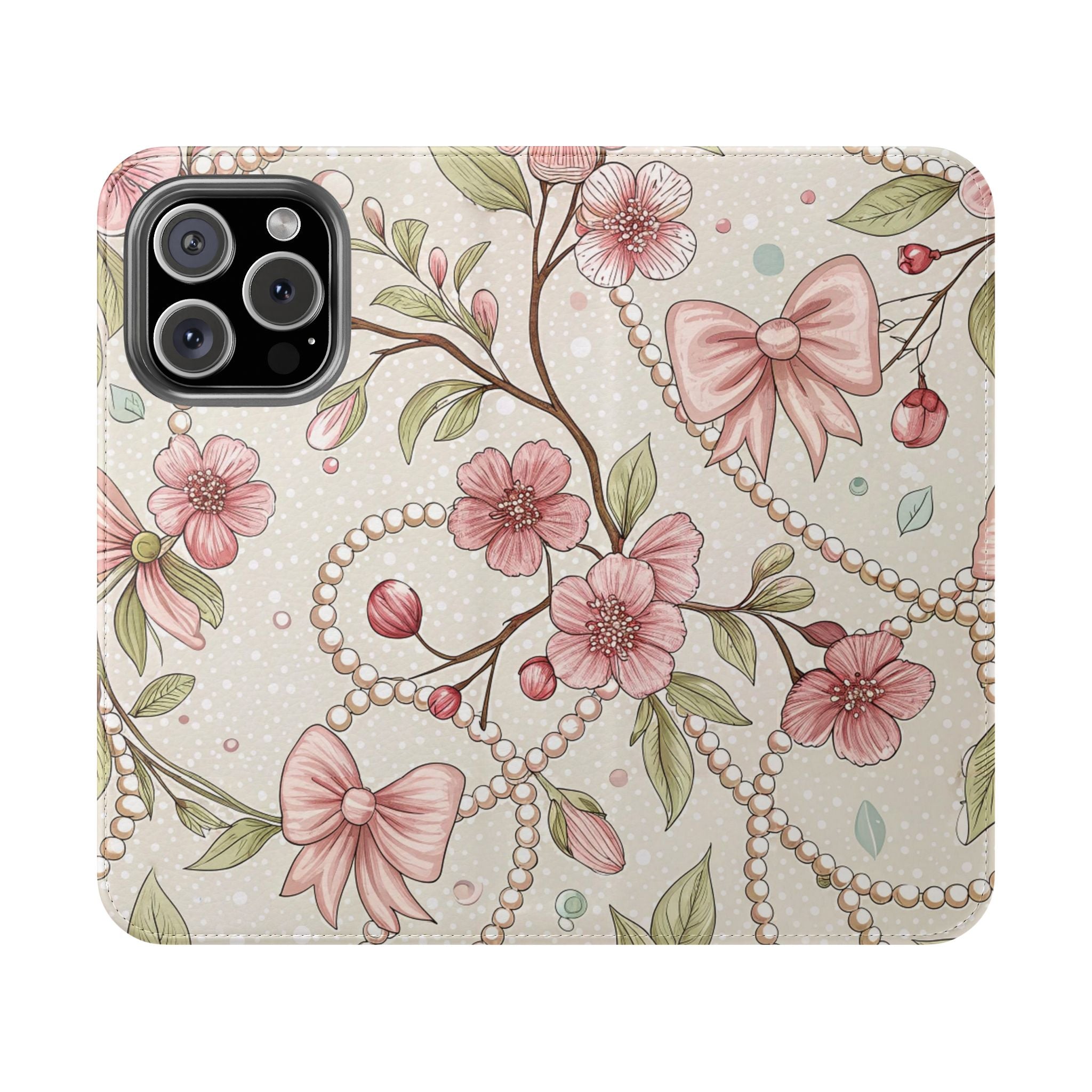 Floral Flip Case for iPhone Samsung Elegant Design with Pearls, Pink Bows, and Flowers