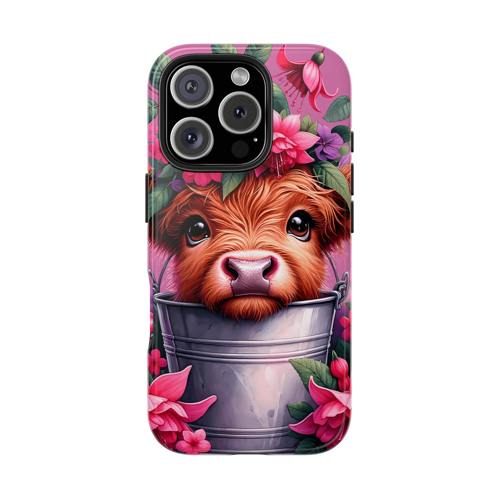 Pink Floral Highland Cow Tough iPhone Samsung Case Cute & Colorful Design