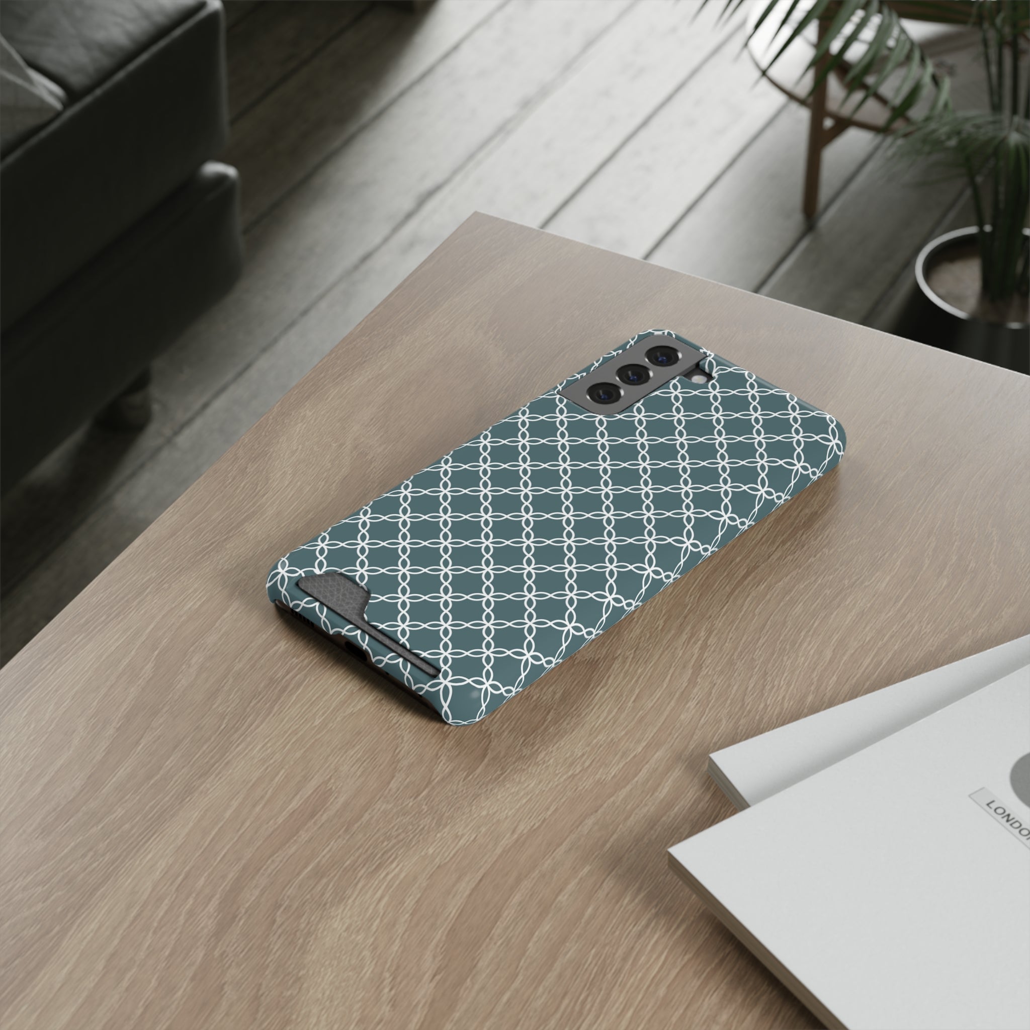 Stylish Blue & White Phone Case with Card Holder - Elegant Pattern for Daily Convenience