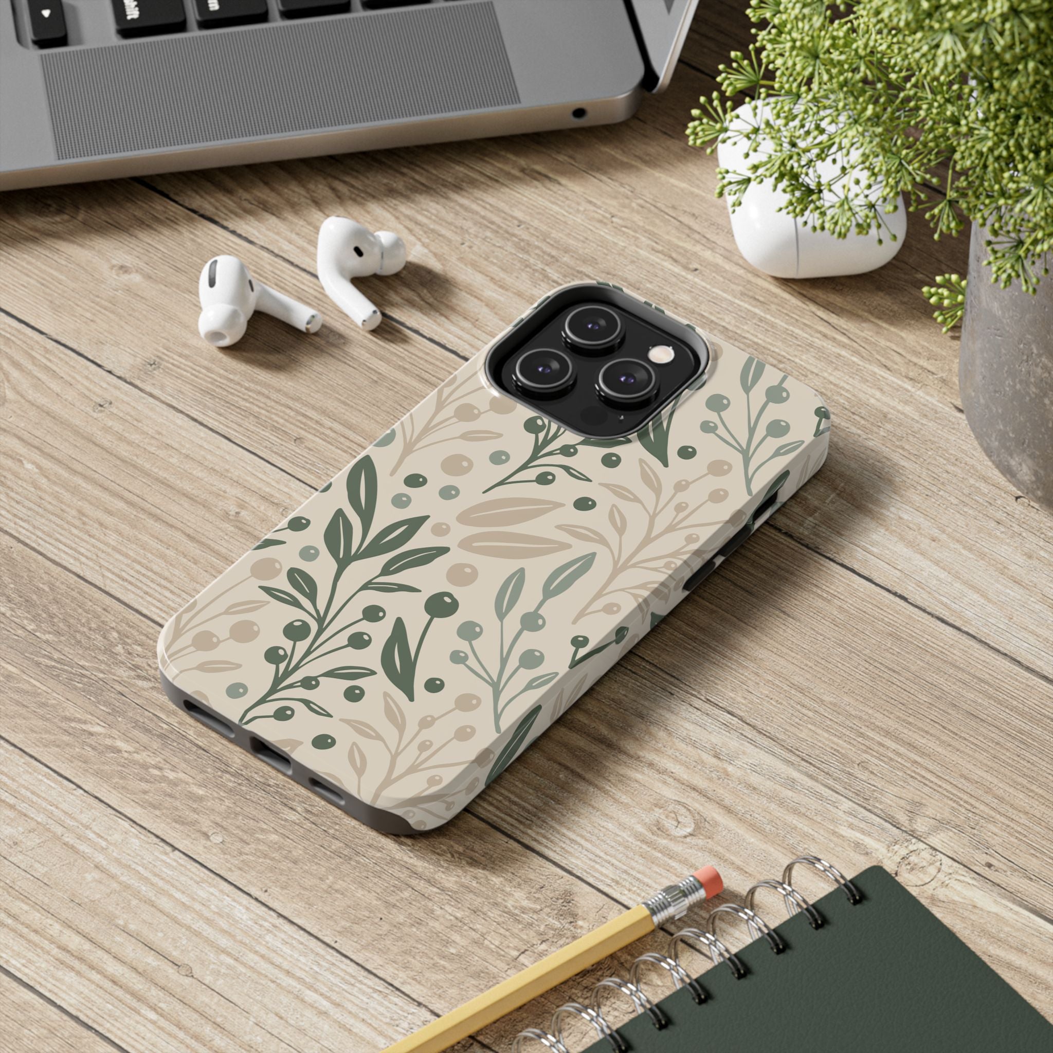 Botanical Sage Green Beige Tough Phone Case Durable Floral Design for Nature Lovers Impact Resistant iPhone Samsung Cover