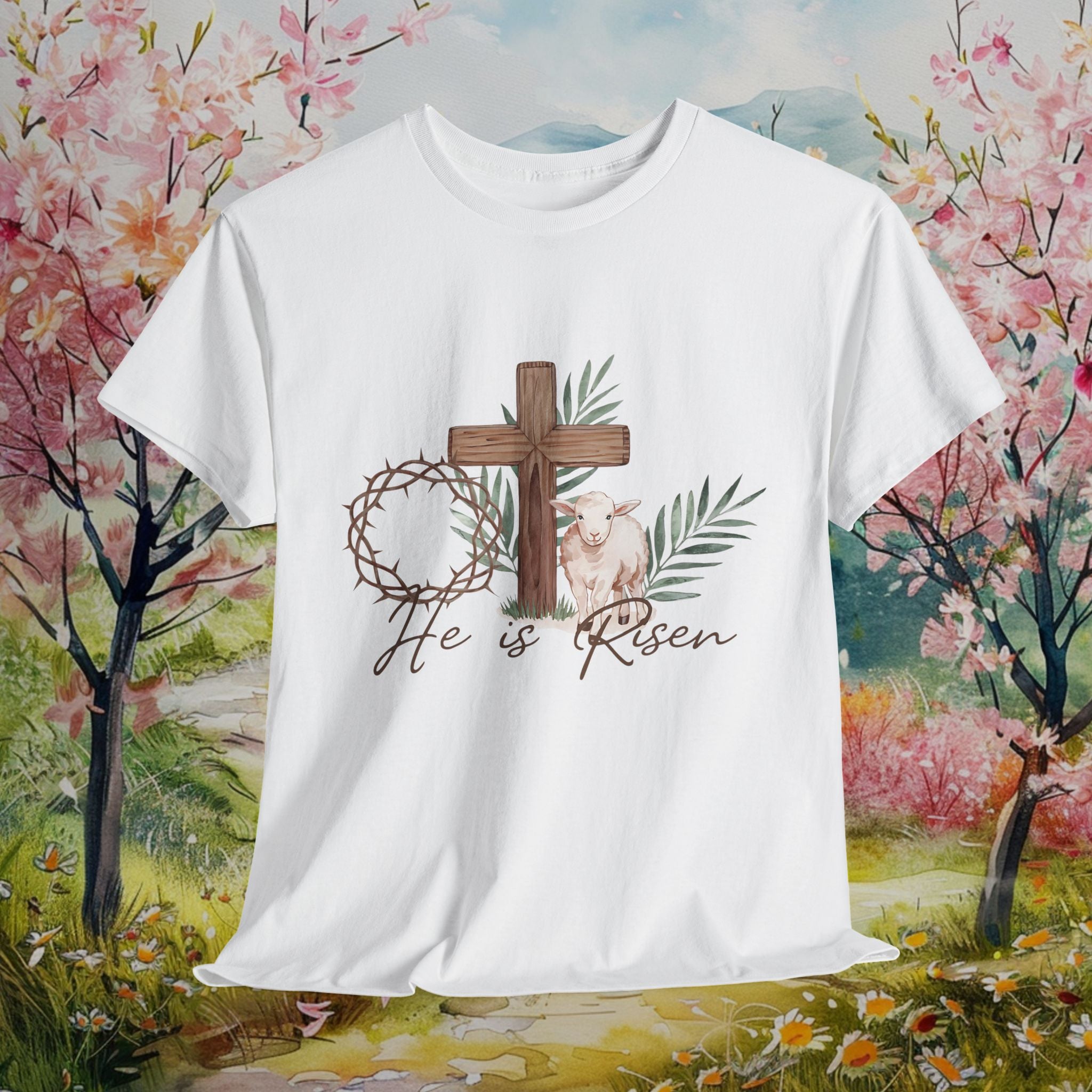 He is Risen Heavy Cotton Tee - Faith-Inspired Easter Shirt
