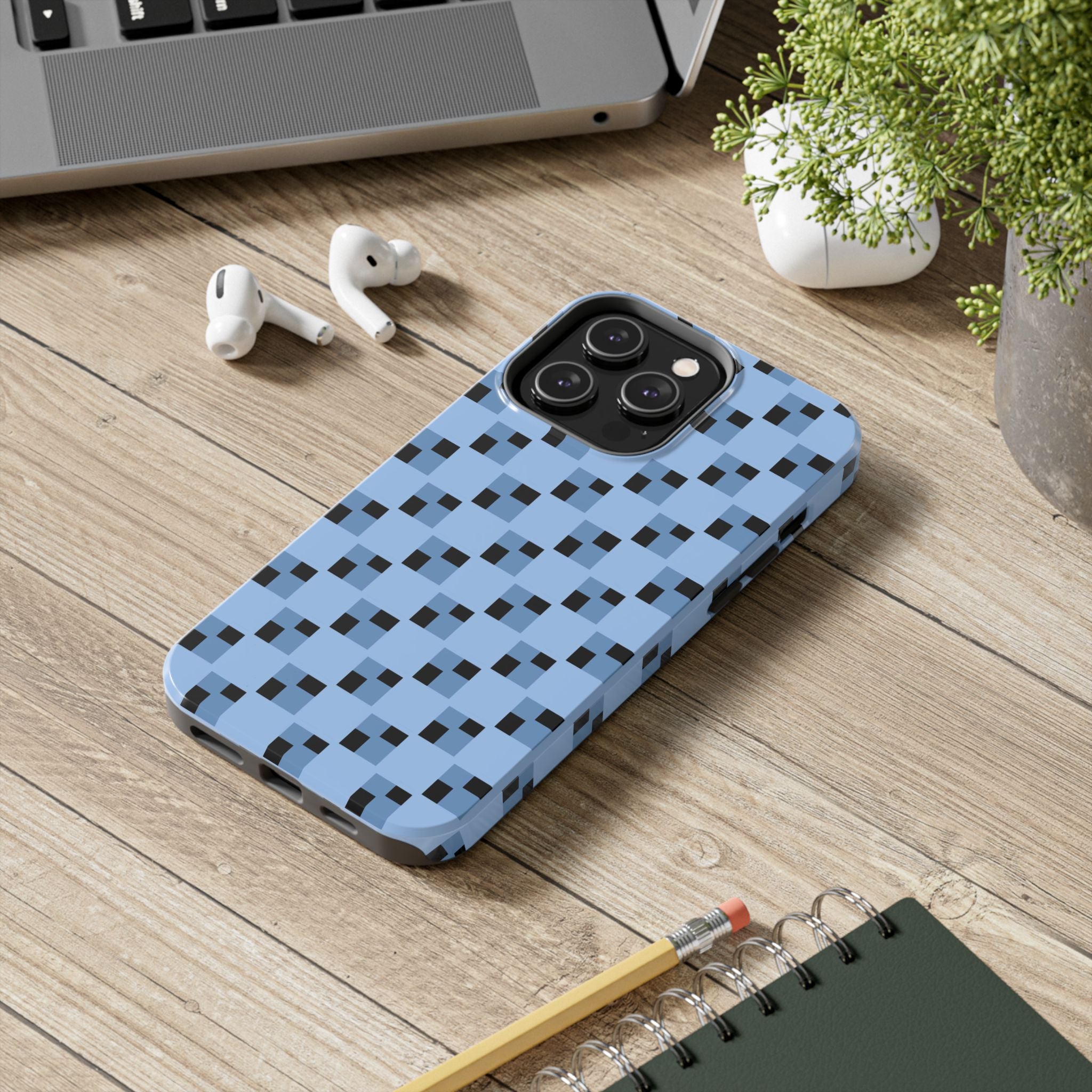 Stylish Tough Impact Resistant Phone Case Blue Checker Pattern for Maximum Protection iPhone Samsung Cover