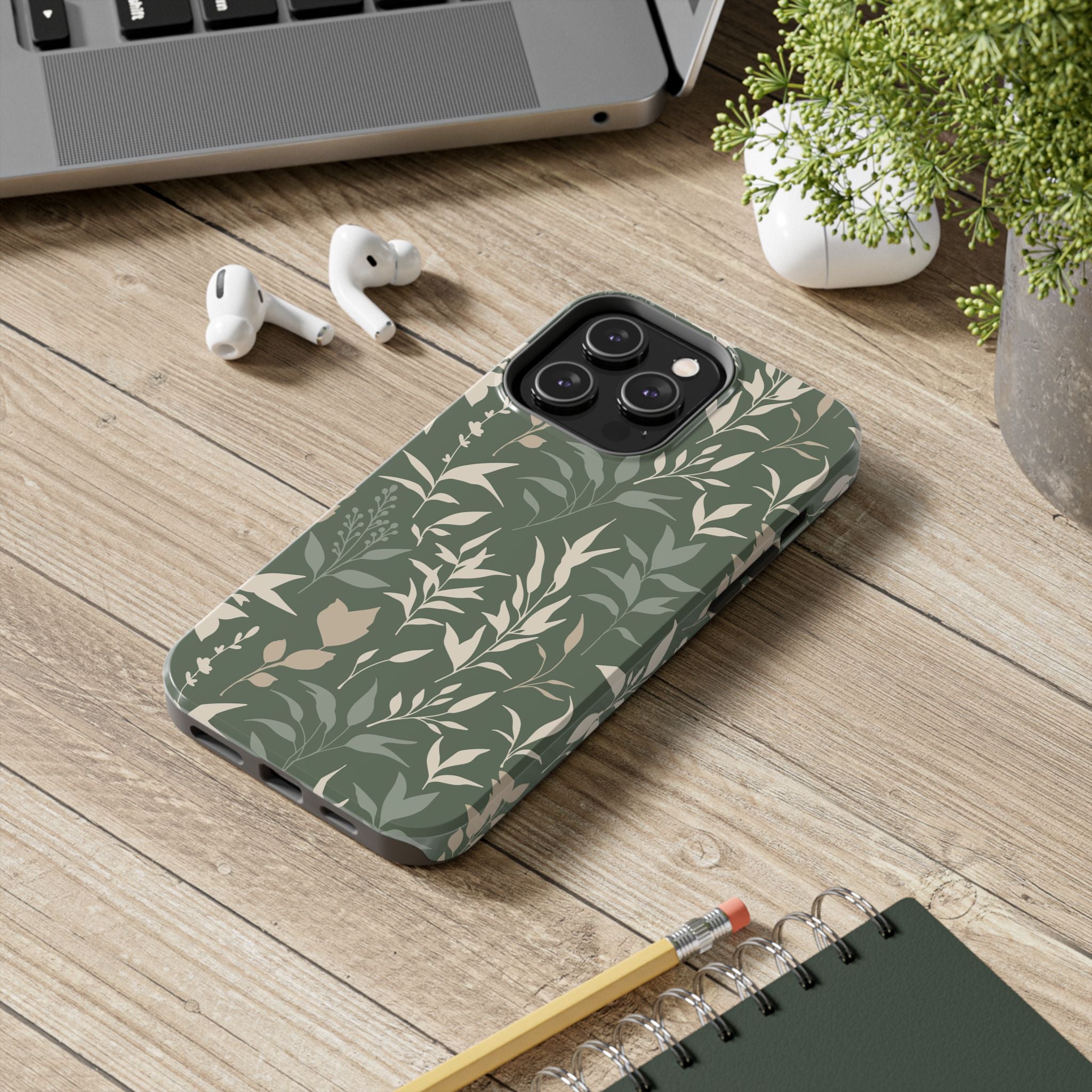 Stylish Green Floral Tough Impact Resistant Phone Case with Elegant Leaf Design For iPhone Samsung Cover