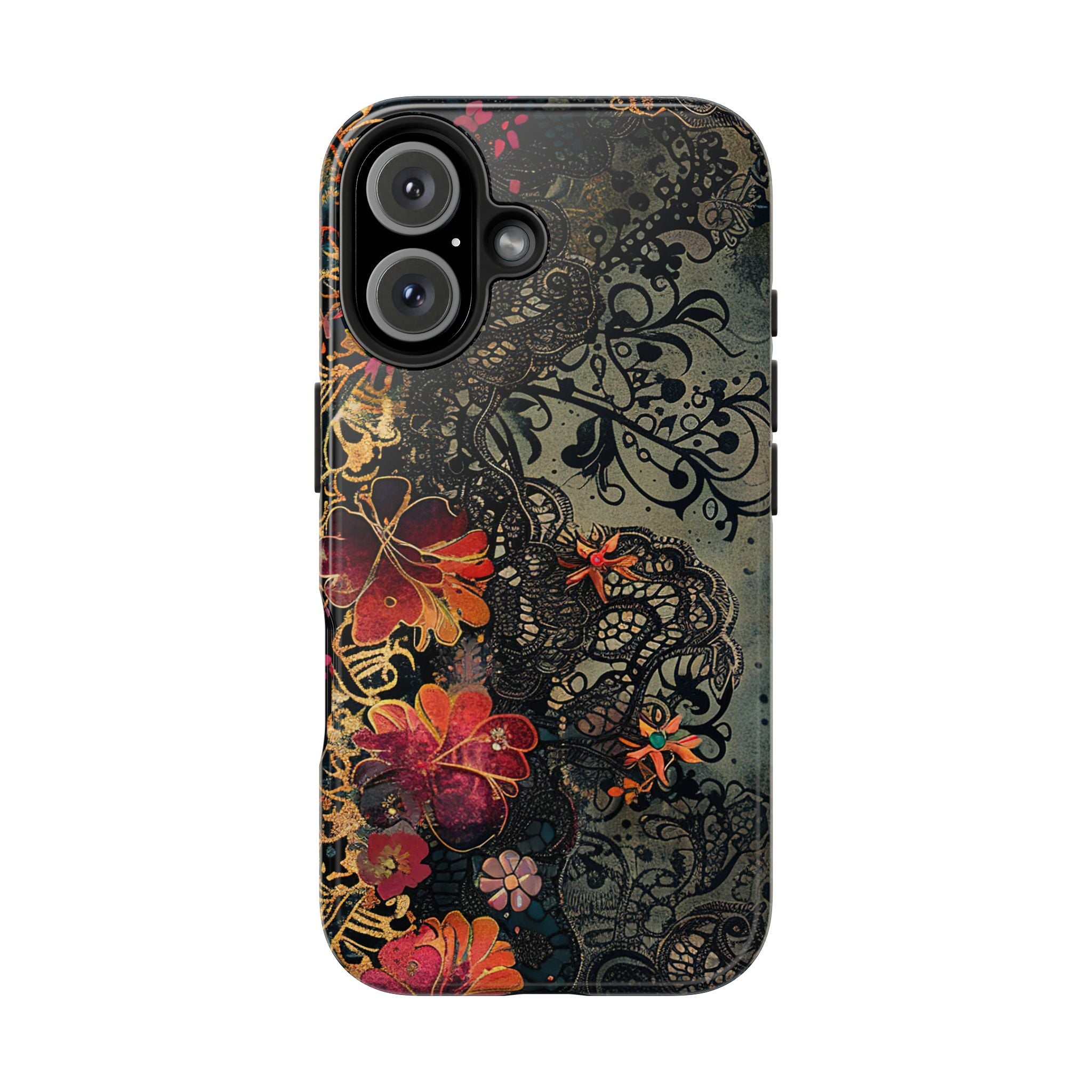 Floral Red, Gold, & Black Lace Phone Case