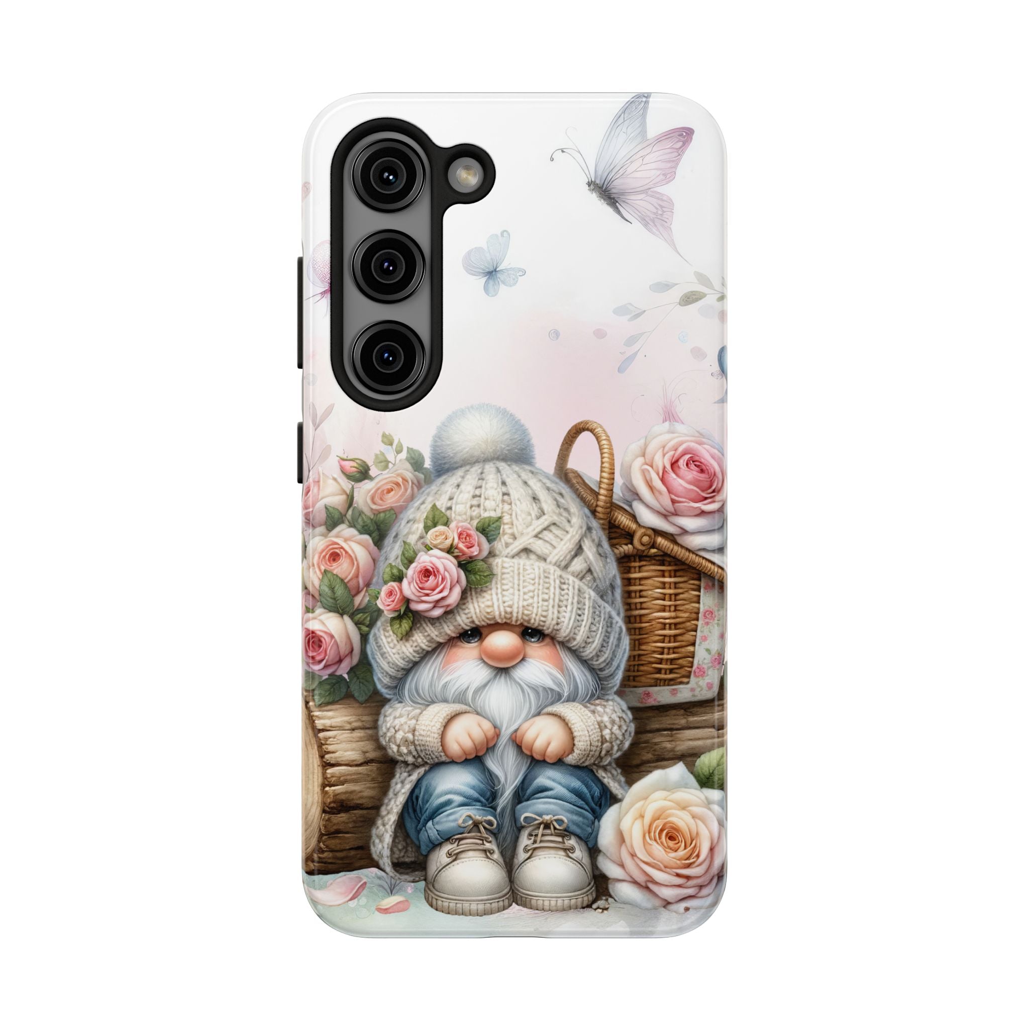 Cute Pink Roses Floral Gnome Tough Phone Case - Whimsical Design for Nature Lovers