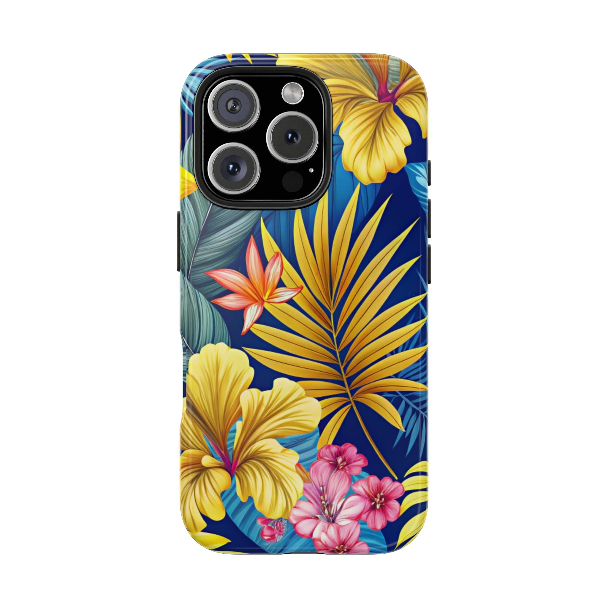 Tropical Floral Tough Impact Resistant iPhone Samsung Case Durable Protection with Exotic Blue & Yellow Vibes