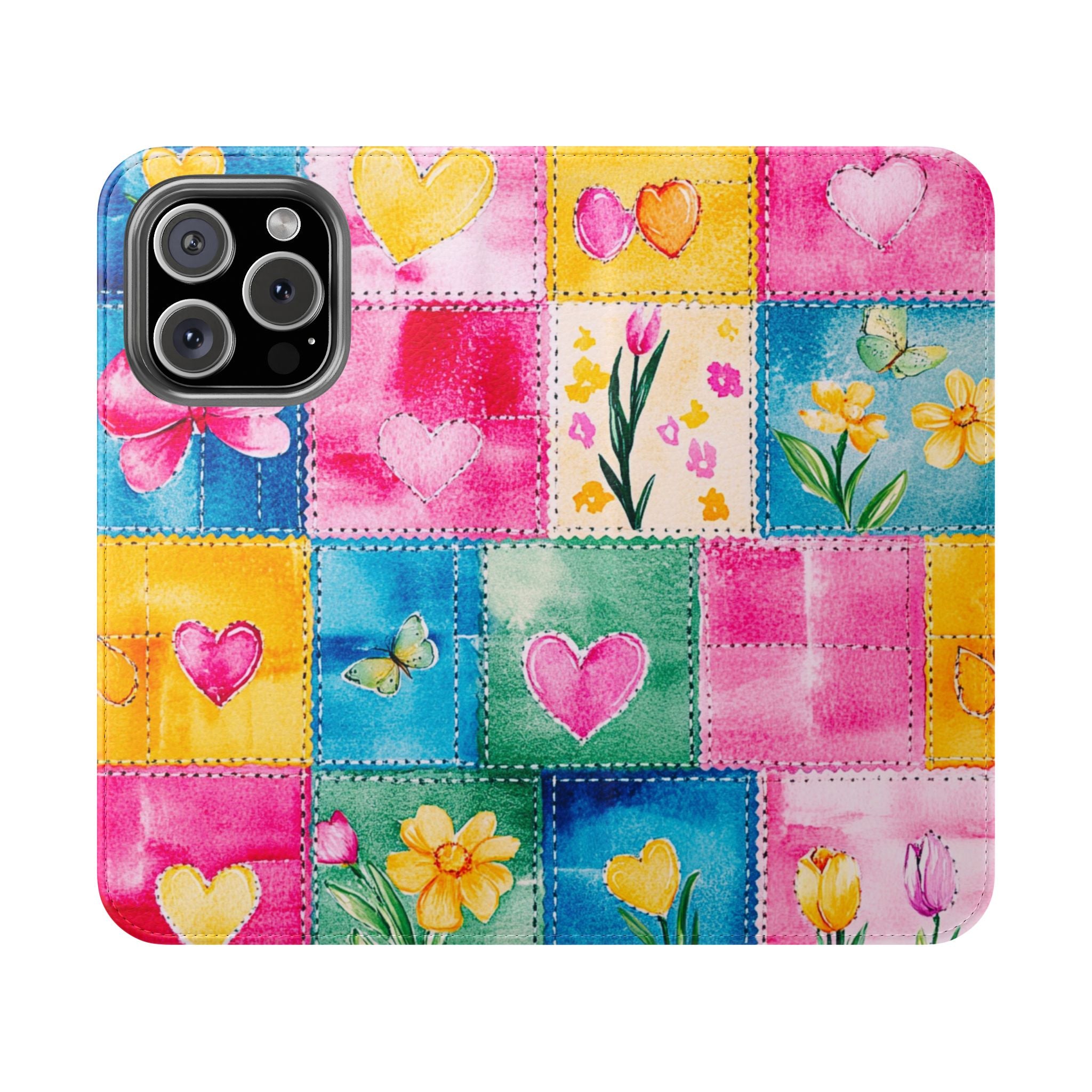Colorful Floral Patchwork Flip Case for Smartphones iPhone Samsung Cover