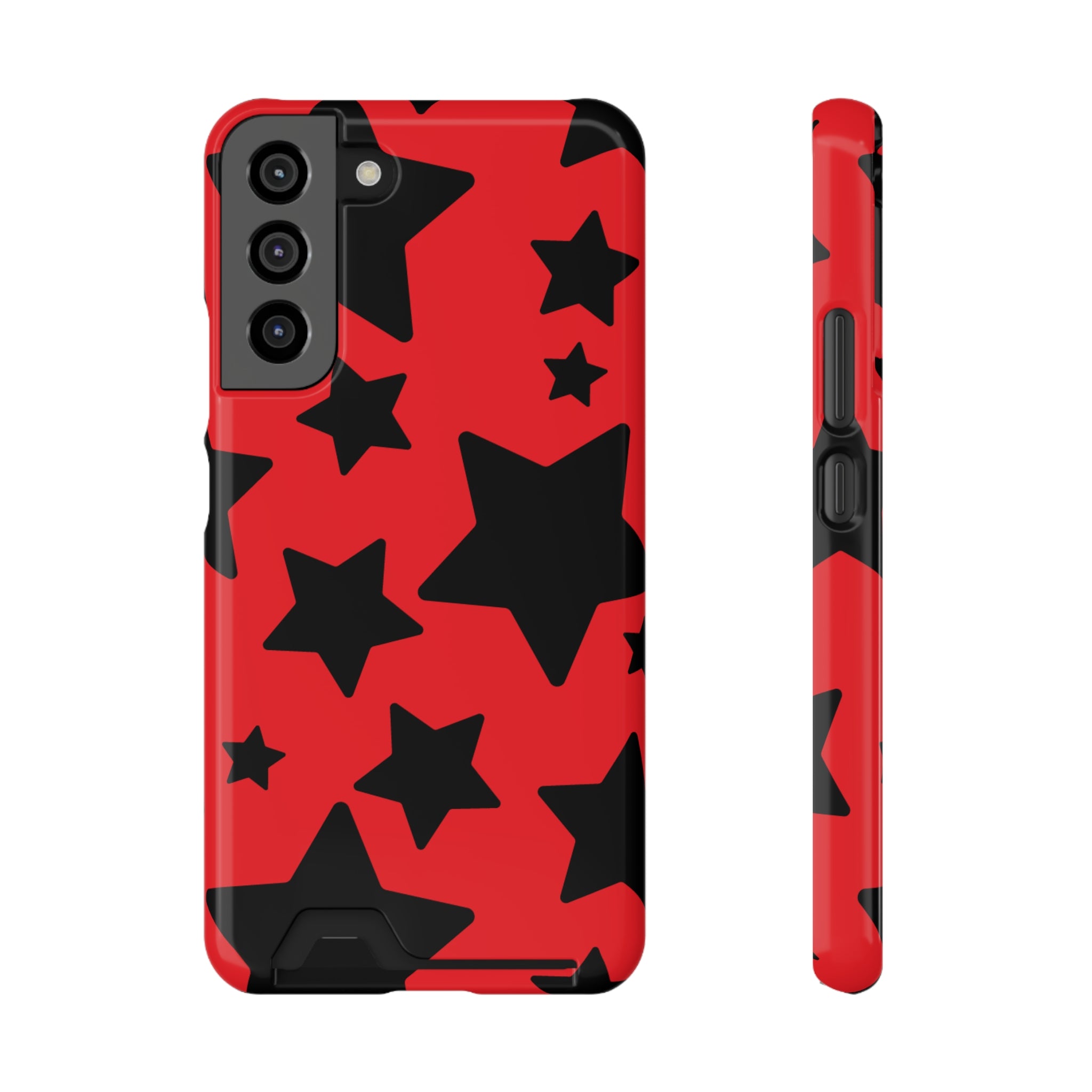 Bold Star Phone Case with Card Holder - Red and Black Design