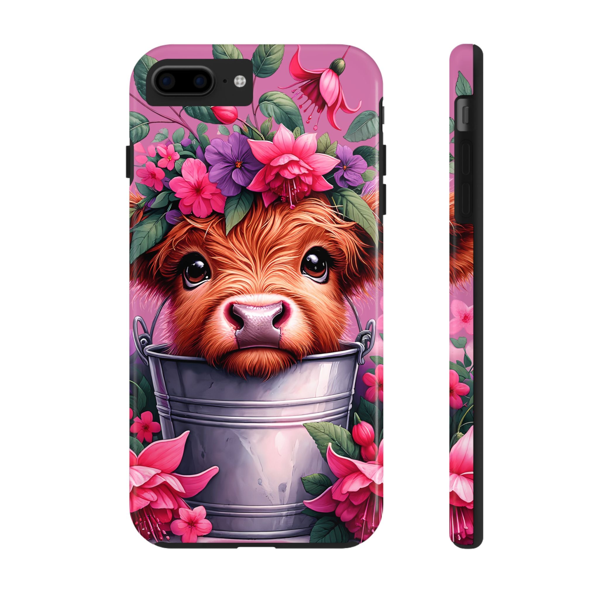 Pink Floral Highland Cow Tough iPhone Samsung Case Cute & Colorful Design