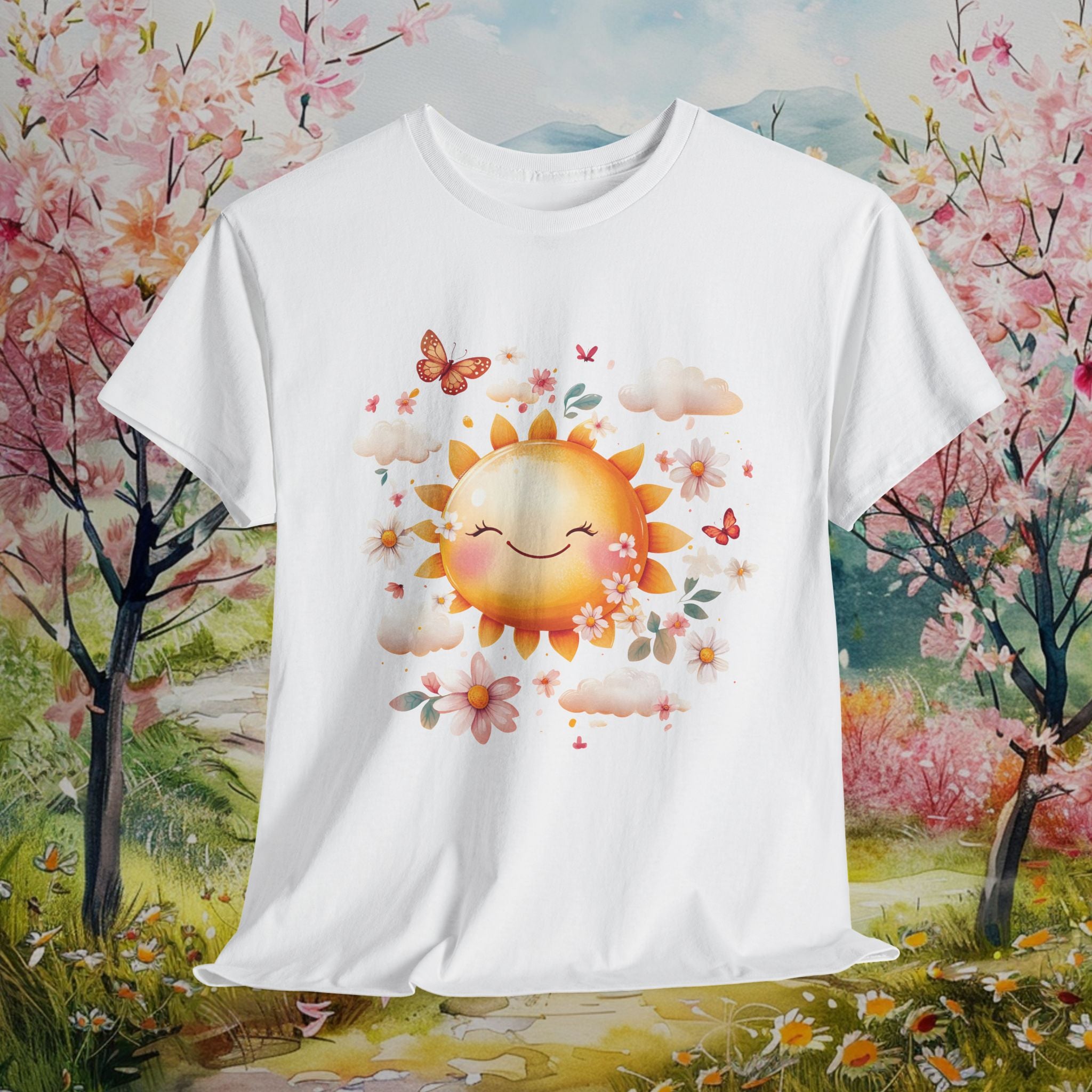 Sunny Vibes Heavy Cotton Tee - Floral Butterfly Design