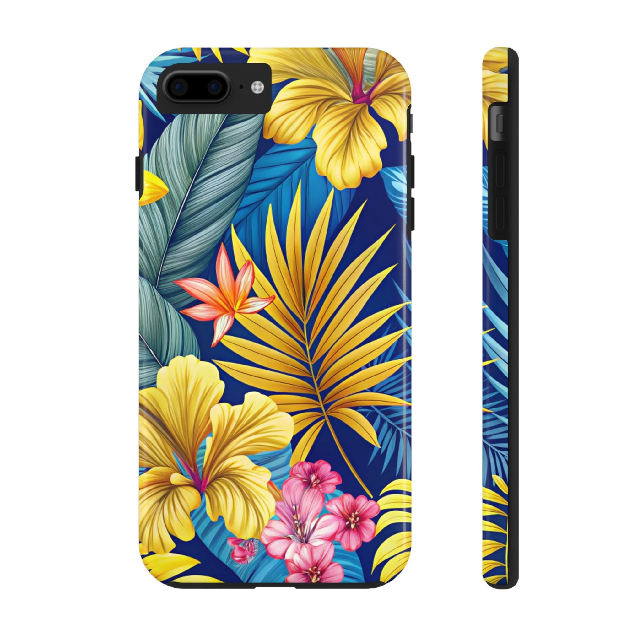 Tropical Floral Tough Impact Resistant iPhone Samsung Case Durable Protection with Exotic Blue & Yellow Vibes