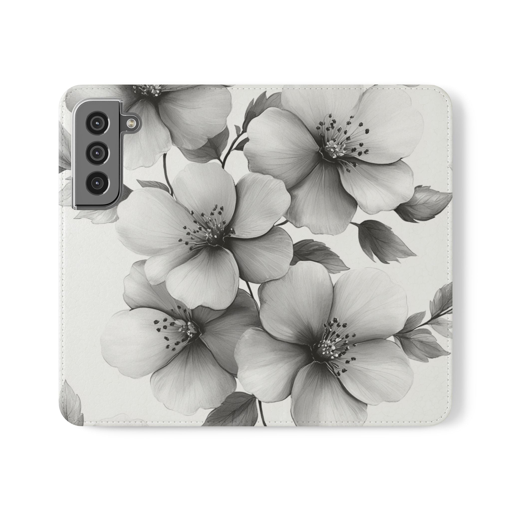 Elegant Floral Black & White Flip Case for Smartphones Stylish iPhone Samsung Wallet with Card Slots