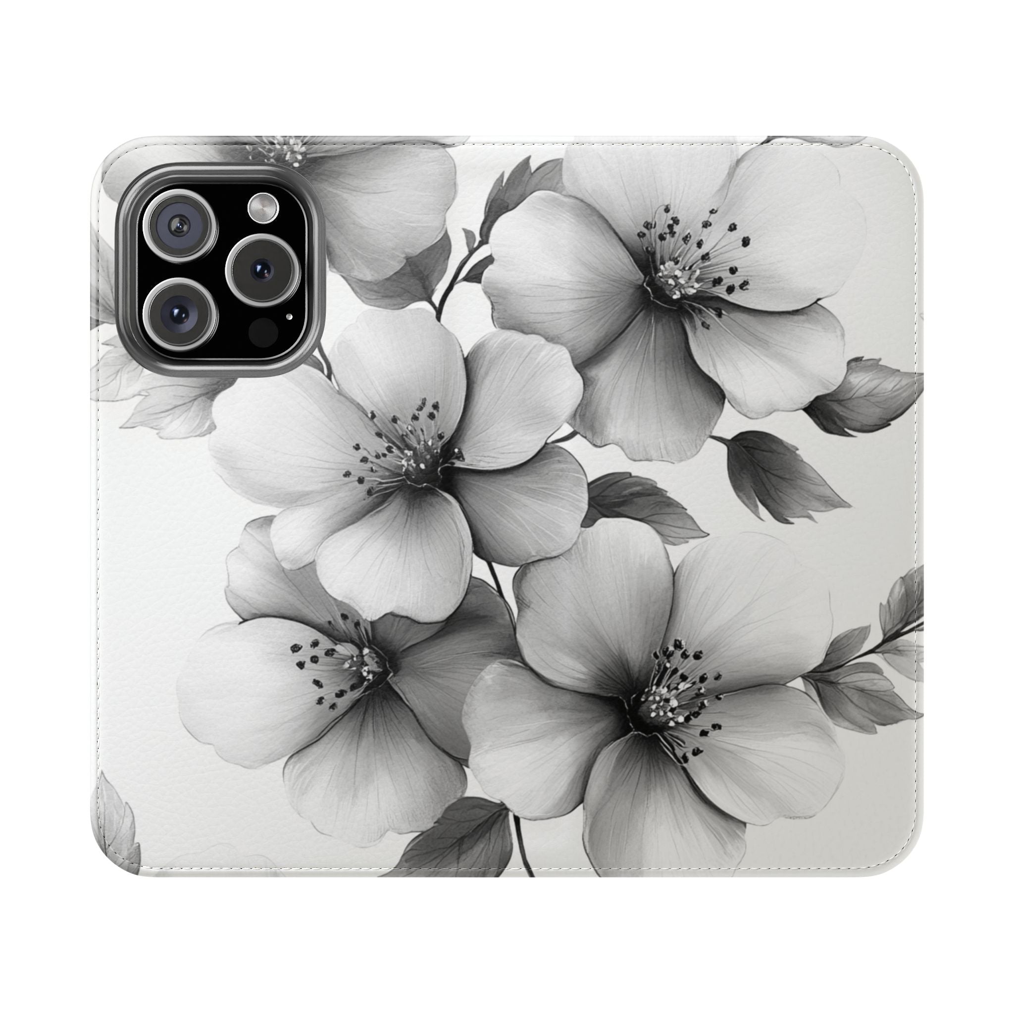 Elegant Floral Black & White Flip Case for Smartphones Stylish iPhone Samsung Wallet with Card Slots