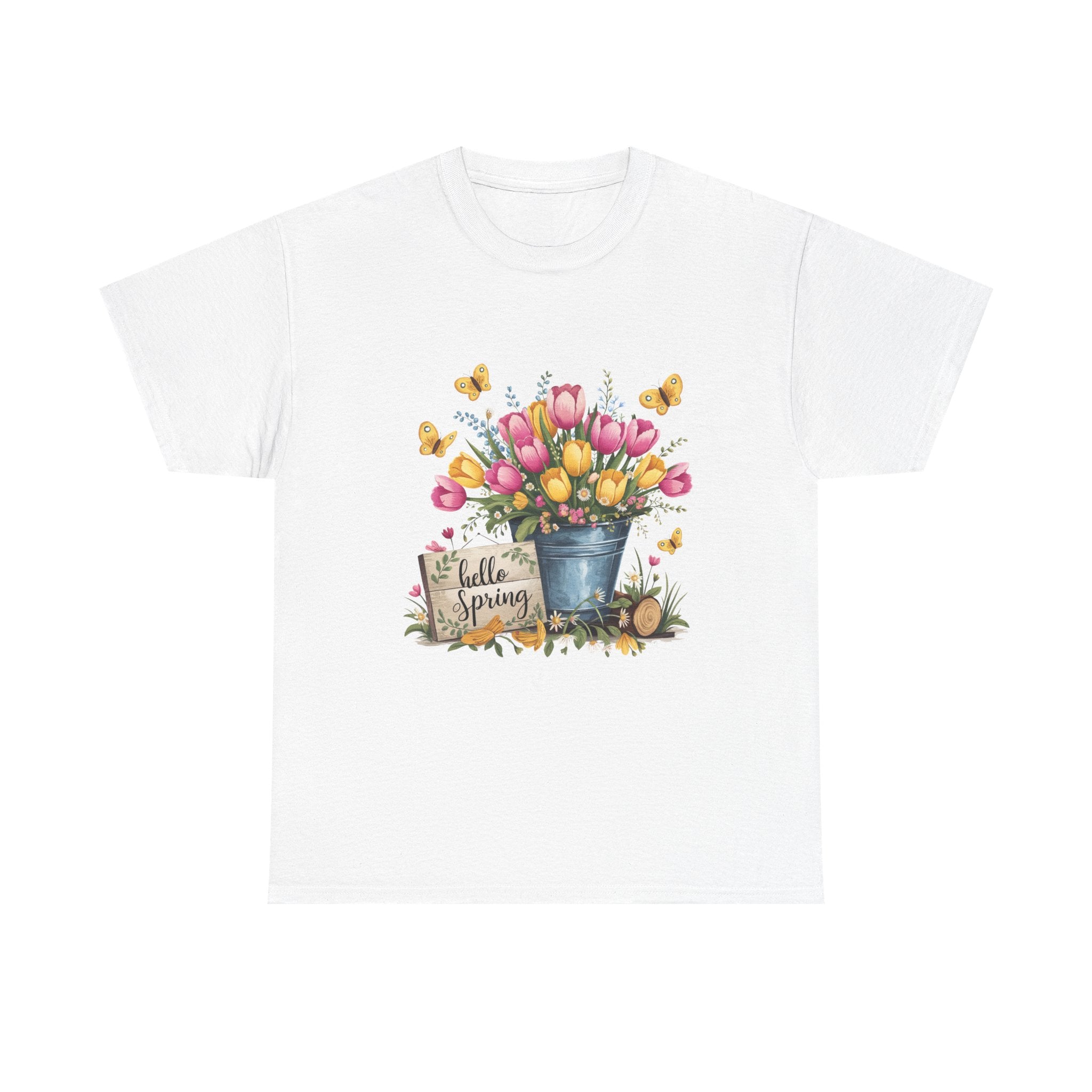 Spring Blooms Heavy Cotton Tee - Floral Design with Butterflies