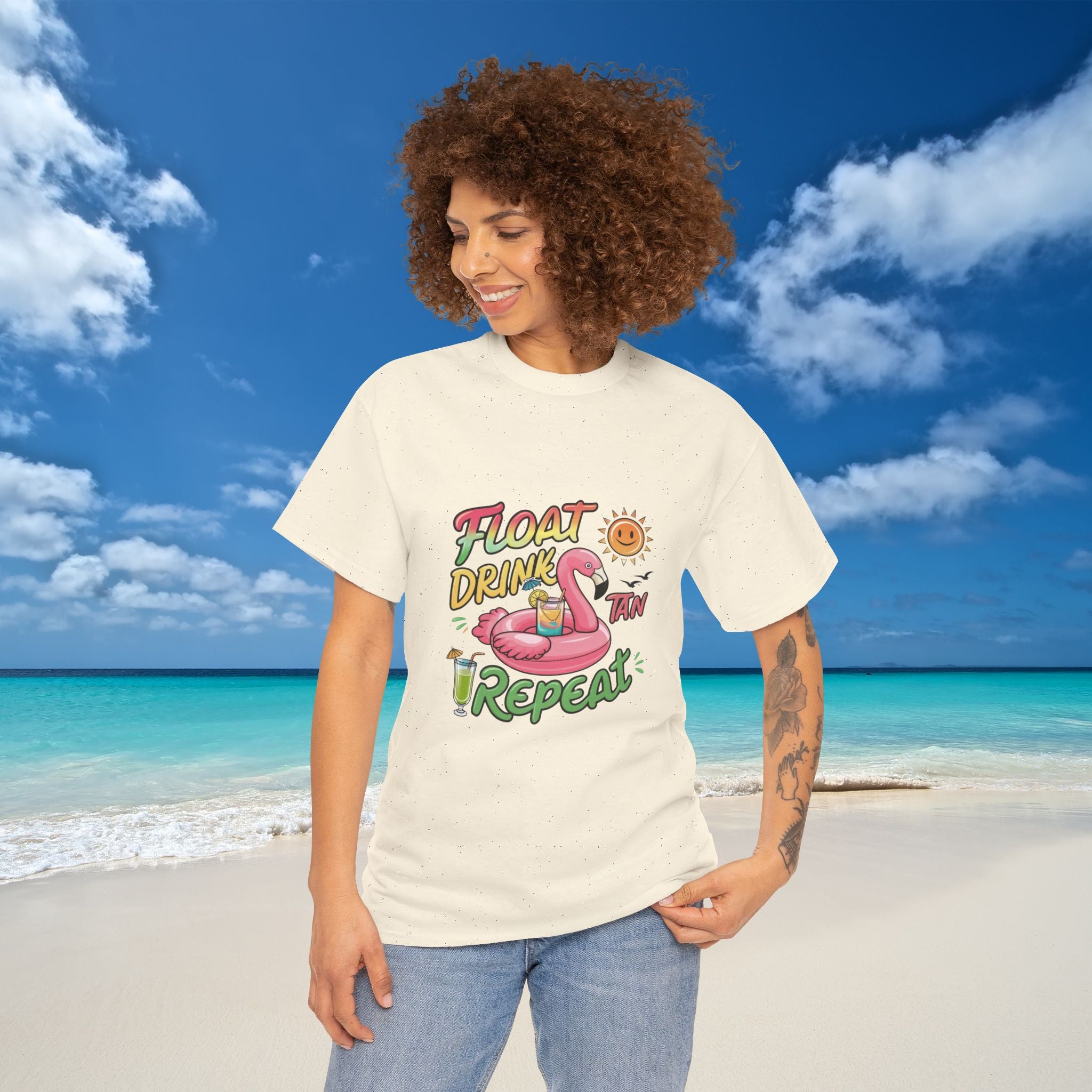 Float Drink Tan Repeat Heavy Cotton Tee Summertime Beach Funny T-Shirt
