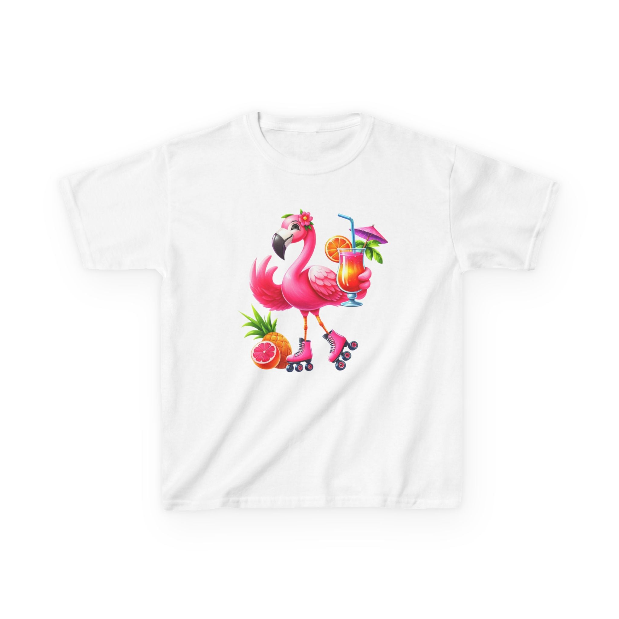 Girls Summer Roller Skating Flamingo Tee Fun and Playful Cotton T-Shirt Beach Outings