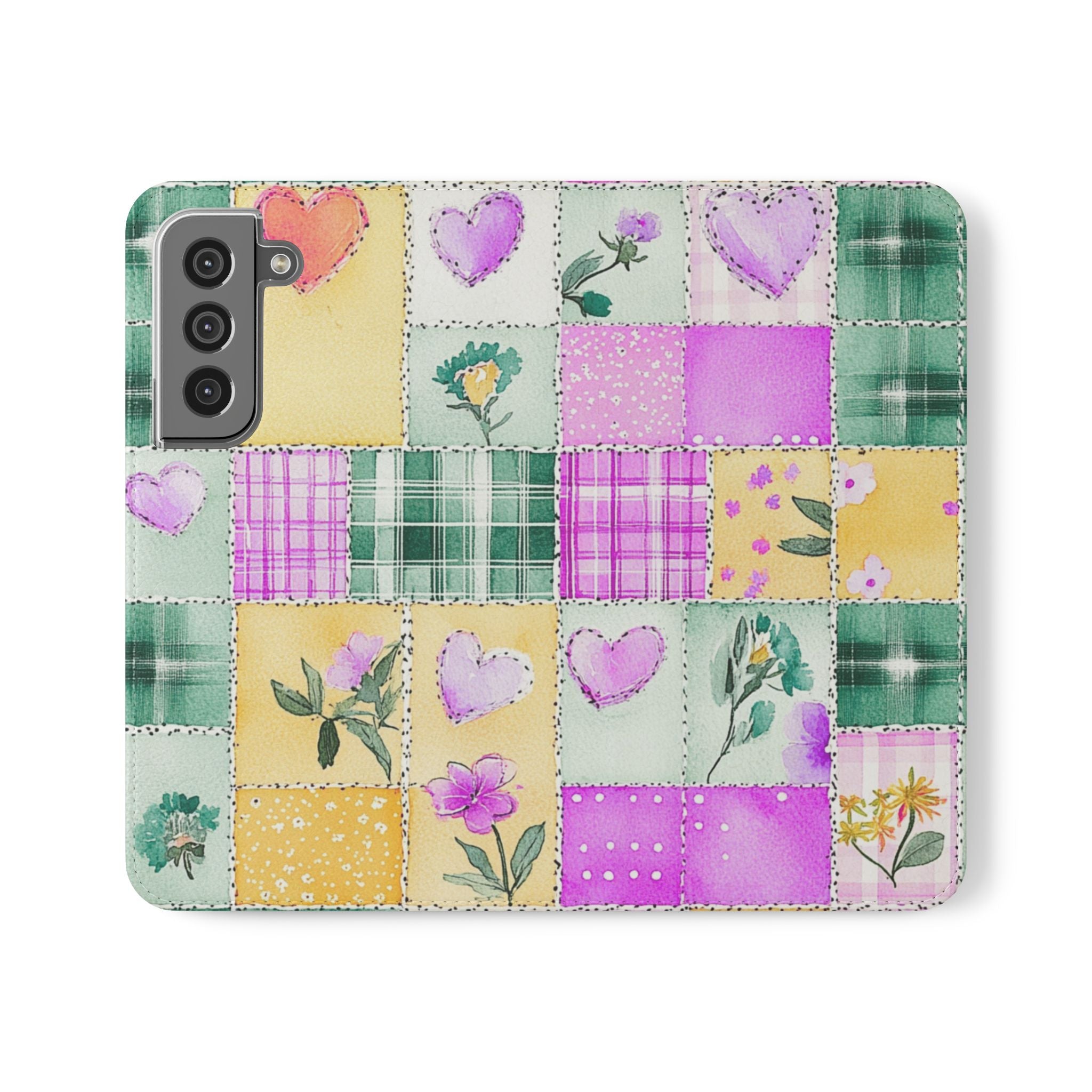 Pastel Floral Quilt Pattern Flip Case Stylish iPhone Samsung Protection with Card Slots