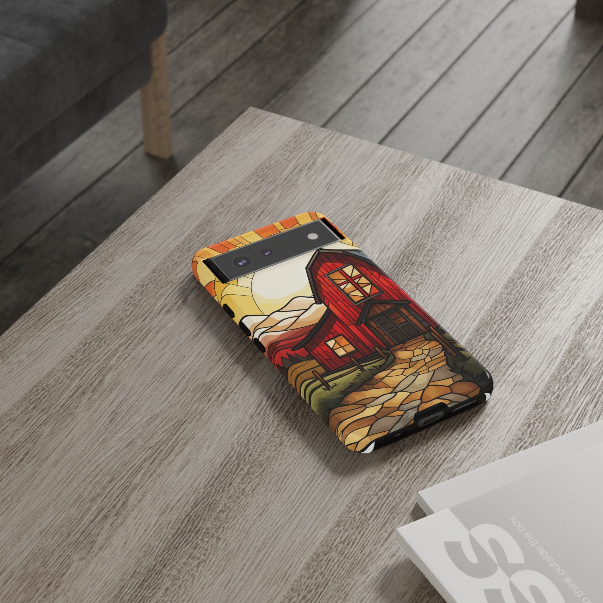 Rustic Barn Farm Google Pixel Phone Case Tough Impact Resistant Case with Vintage Stained Glass Design Cover