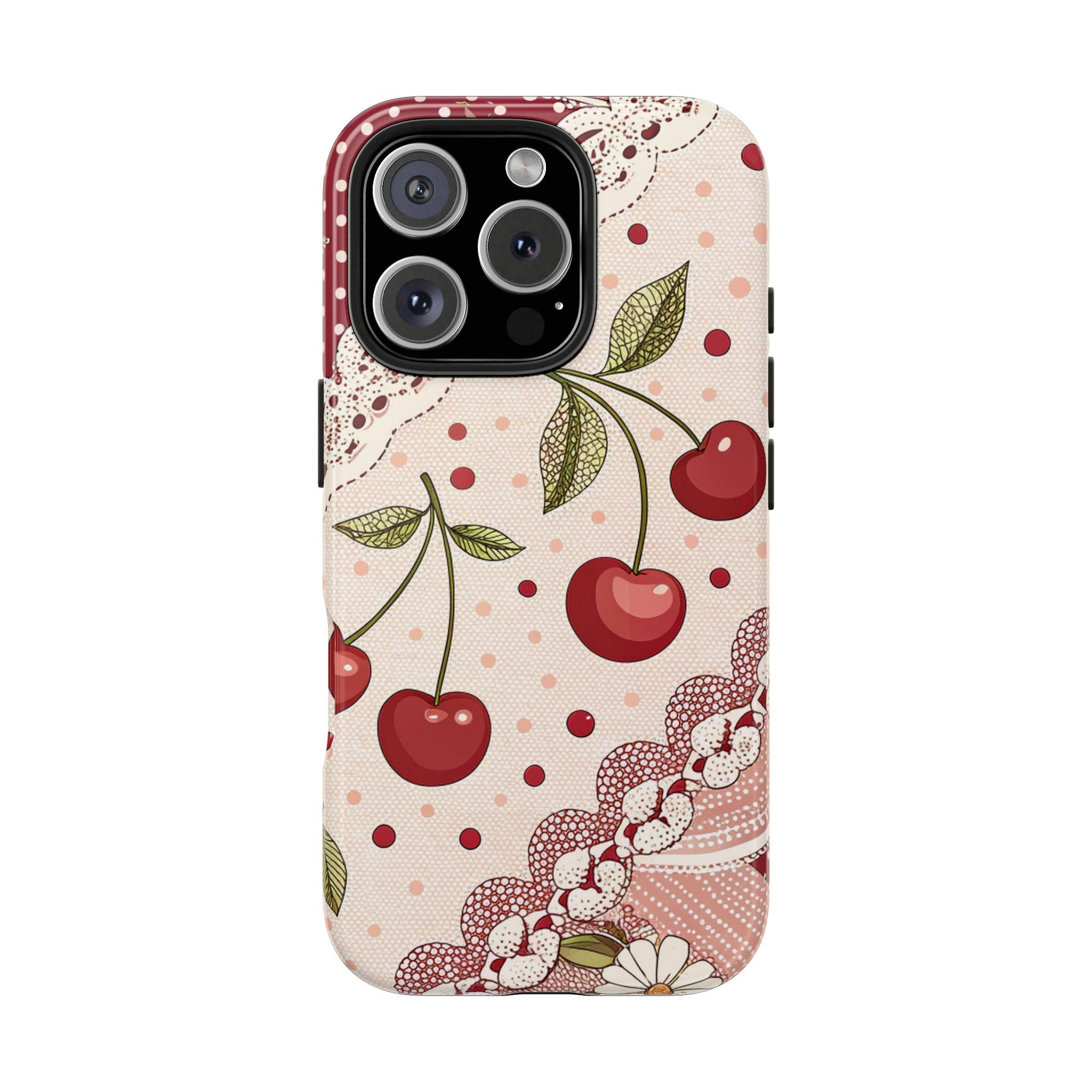 Vintage Look Cherry Blossom Tough Impact Resistant Phone Case Floral Polka Dot Design iPhone Samsung Cover