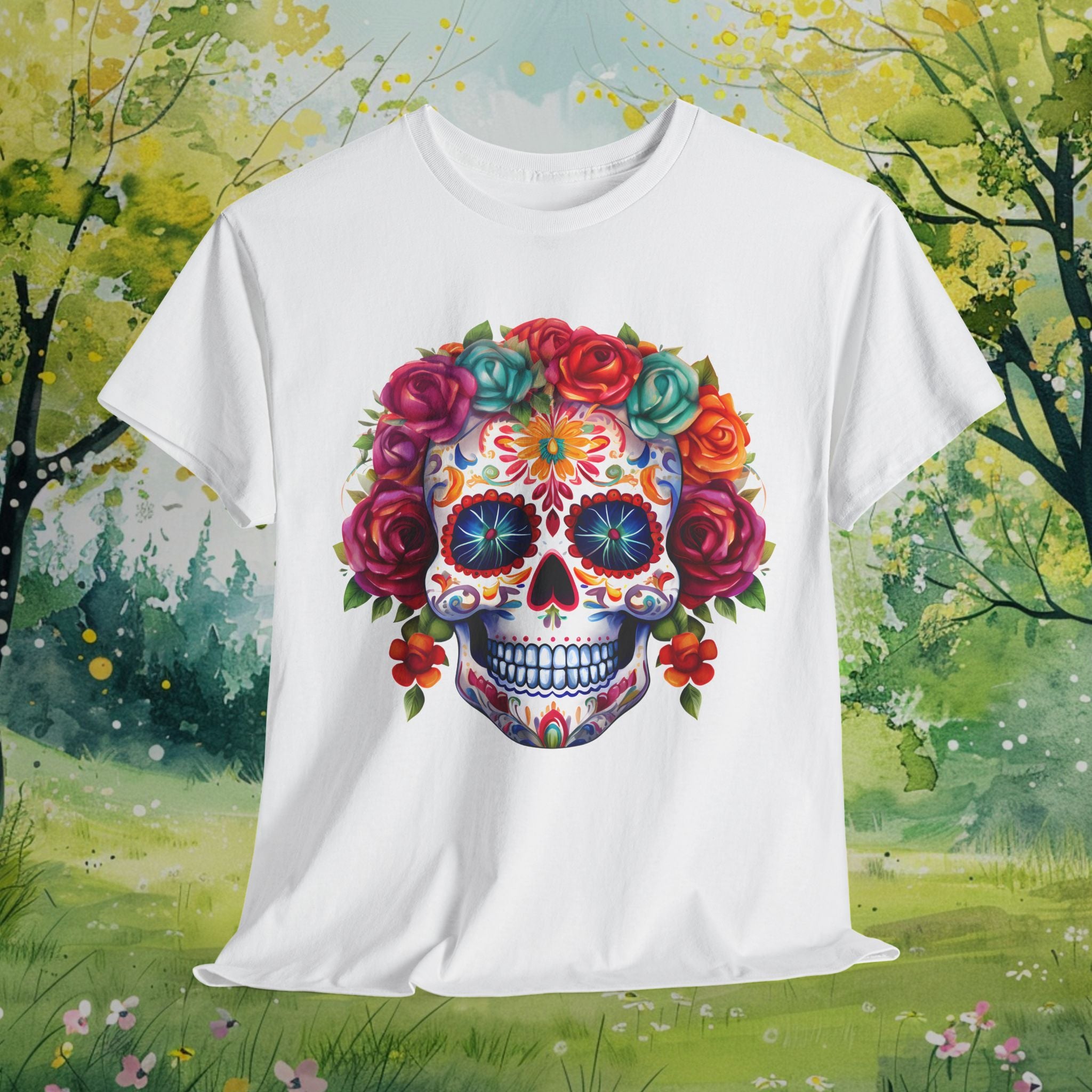 Sugar Skull Floral Heavy Cotton Tee - Day of the Dead Inspired Shirt