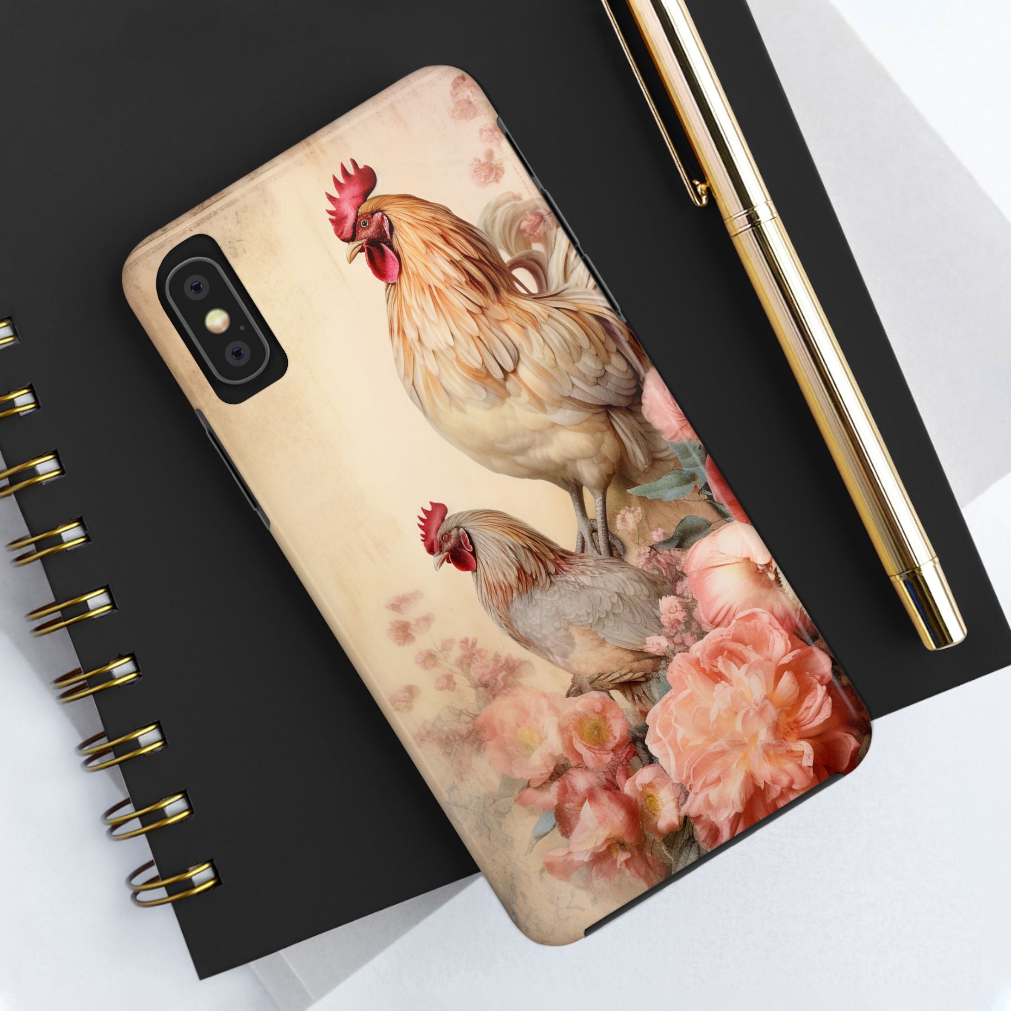 Vintage Look Rooster Tough Impact Resistant Phone Case Floral Design Farmhouse Decor iPhone Samsung Cover