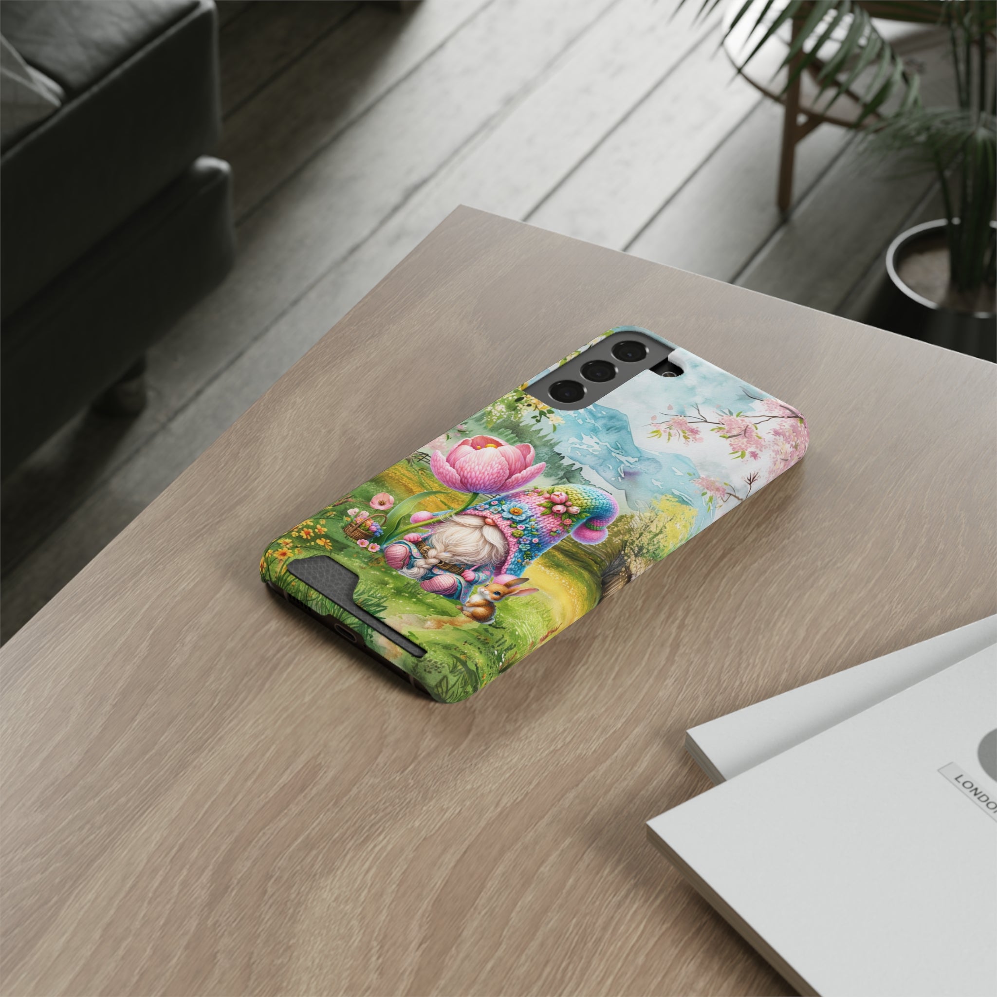 Whimsical Gnome Phone Case with Card Holder - Floral Spring Design