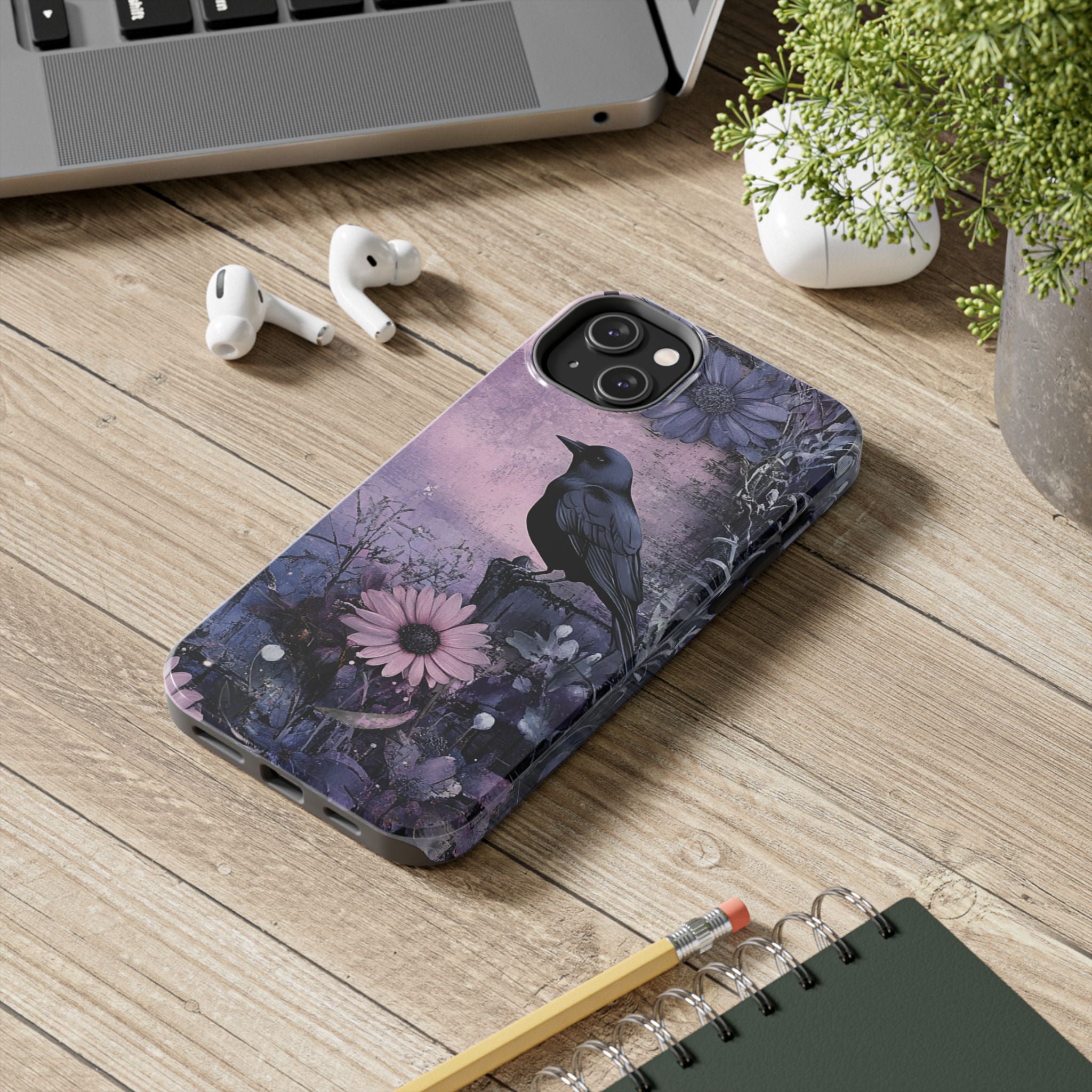 Floral Purple Hues Raven Bird Tough Impact Resistant Phone Case Vibrant Art for Nature Lovers iPhone Samsung Cover