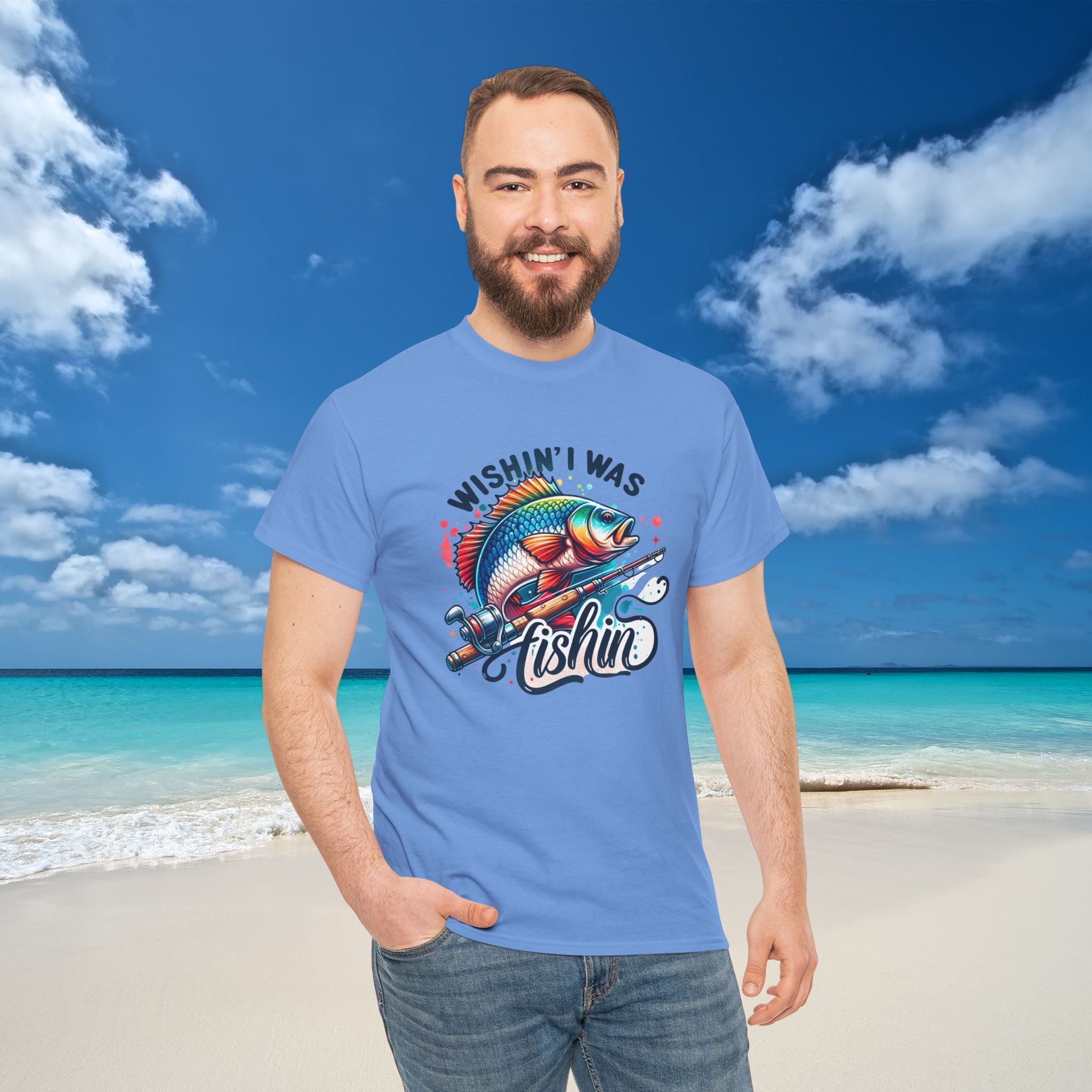 Funny Fishing Tee "Wishin' I Was Fishin'" Heavy Cotton T-Shirt for Outdoor Enthusiasts