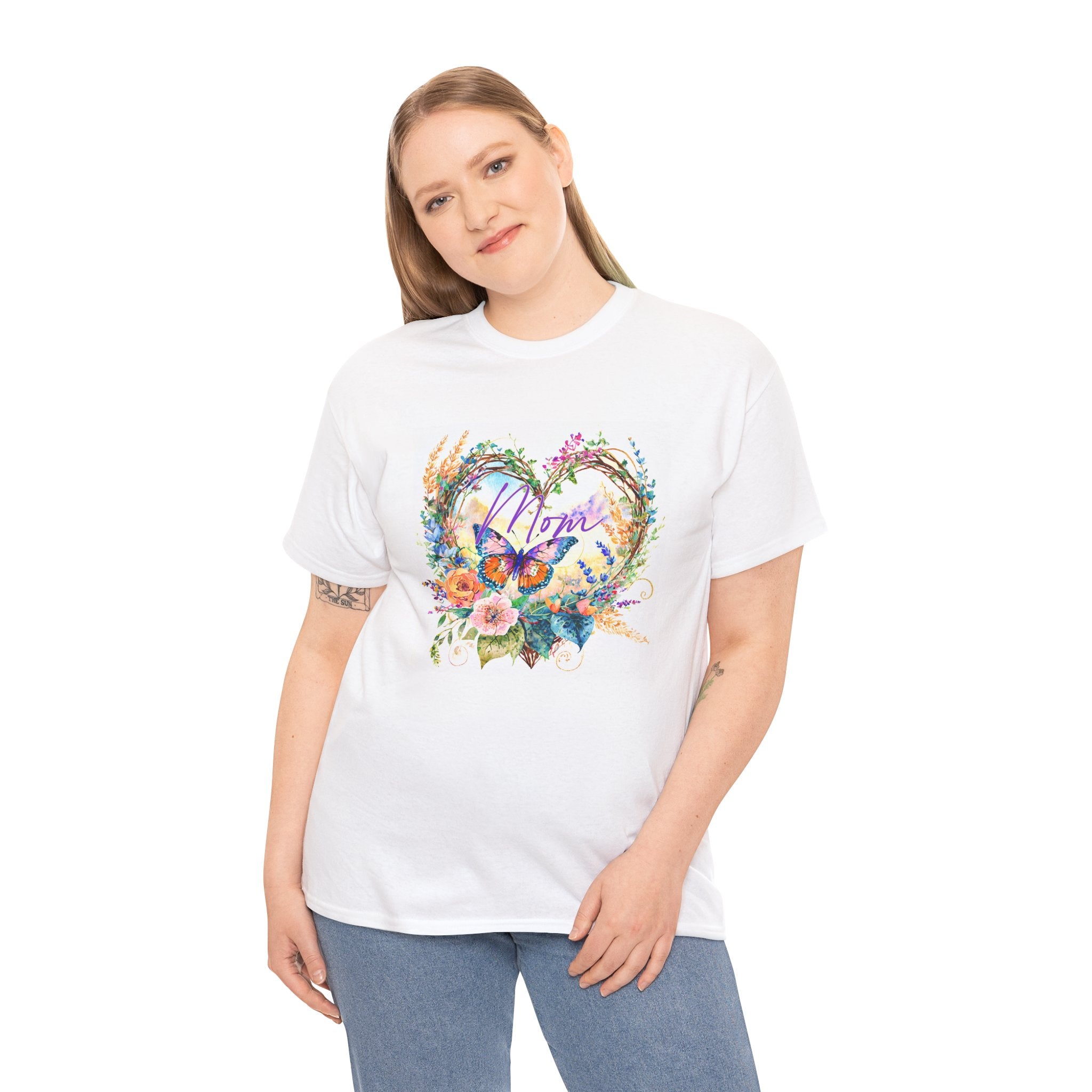 Mom Heart Wreath Butterfly Floral Tee