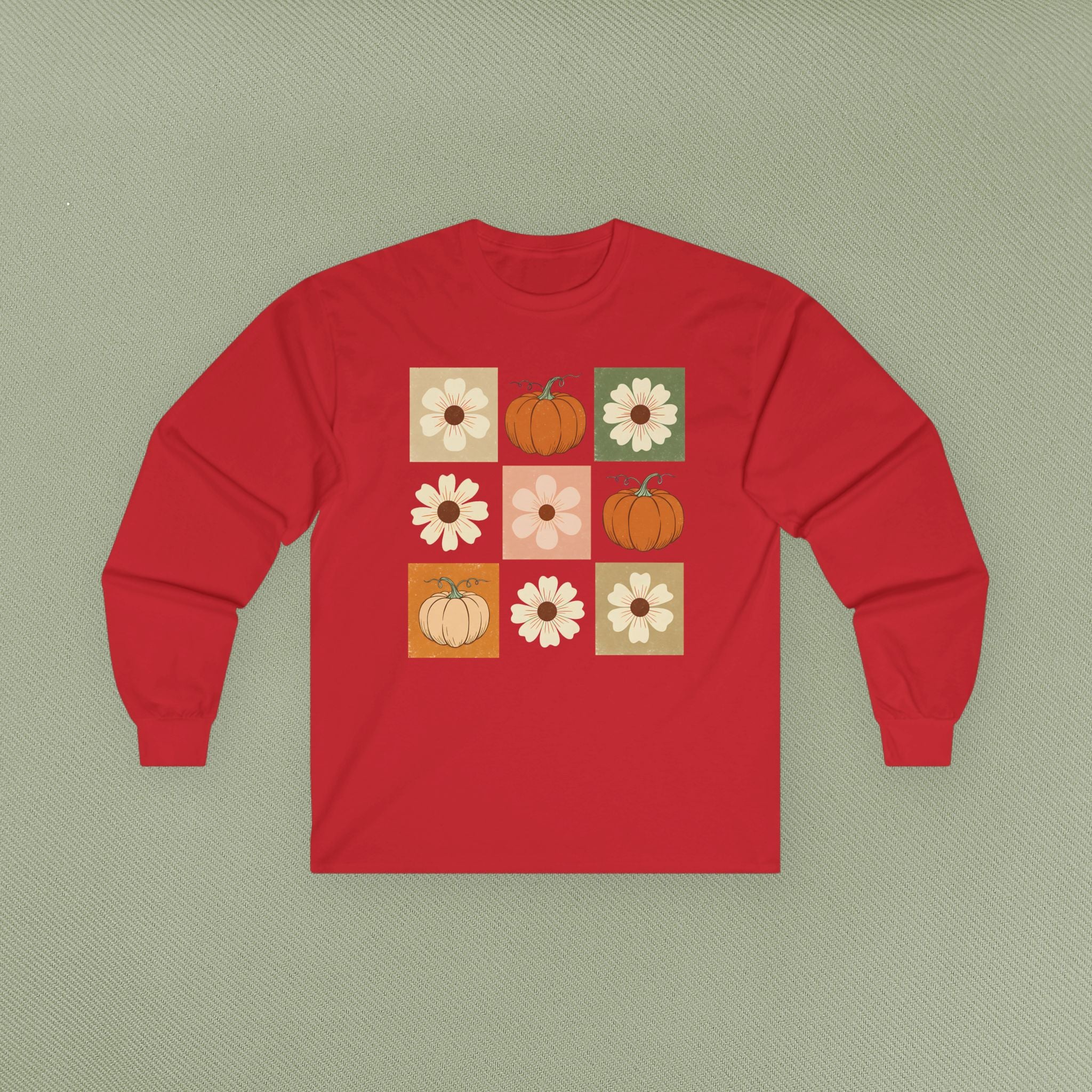 Fall Floral Pumpkin Long Sleeve Tee, Cozy Autumn Top, Cute Harvest Shirt, Thanksgiving Apparel, Seasonal Gift