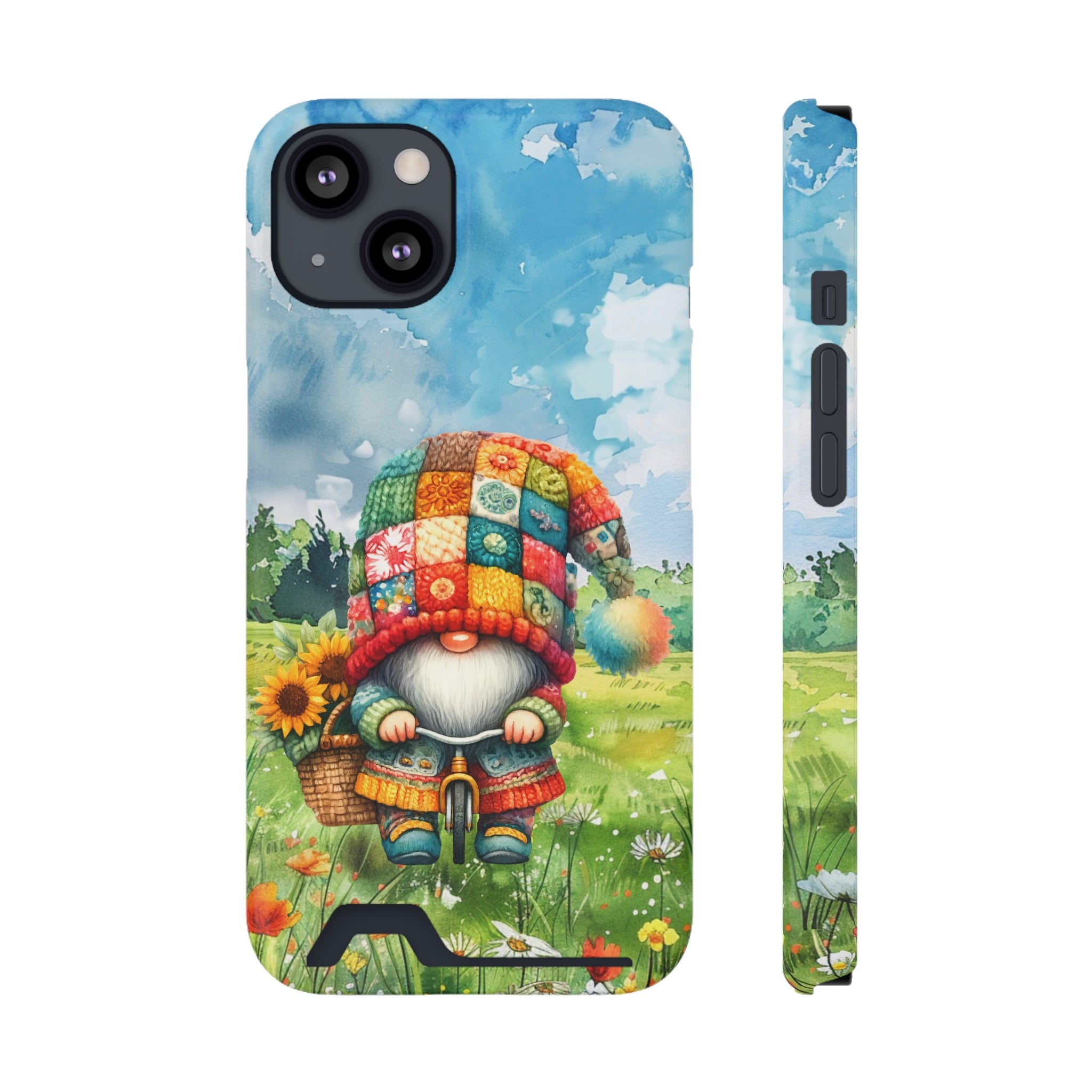 Colorful Gnome Phone Case with Card Holder | Whimsical Design for Nature Lovers