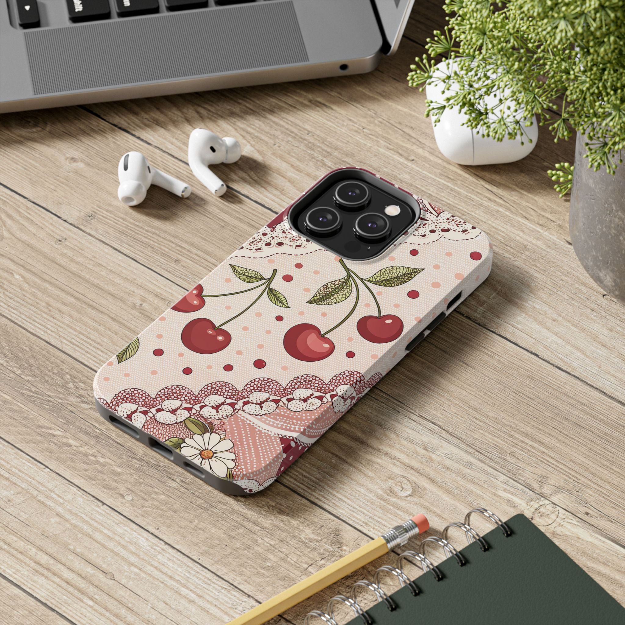 Vintage Look Cherry Blossom Tough Impact Resistant Phone Case Floral Polka Dot Design iPhone Samsung Cover
