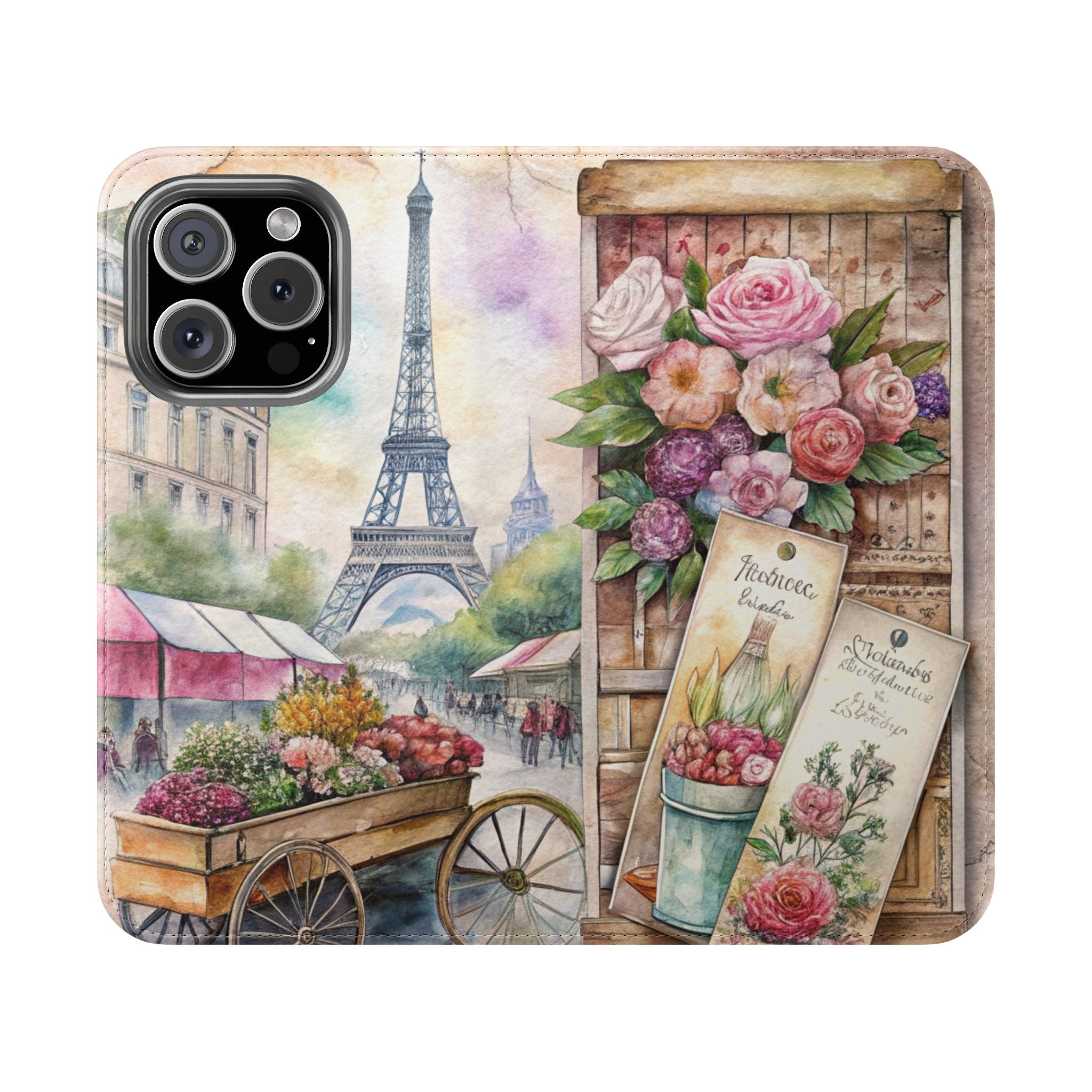 Parisian Floral Flip Case Elegant iPhone Samsung Cover with Eiffel Tower Design
