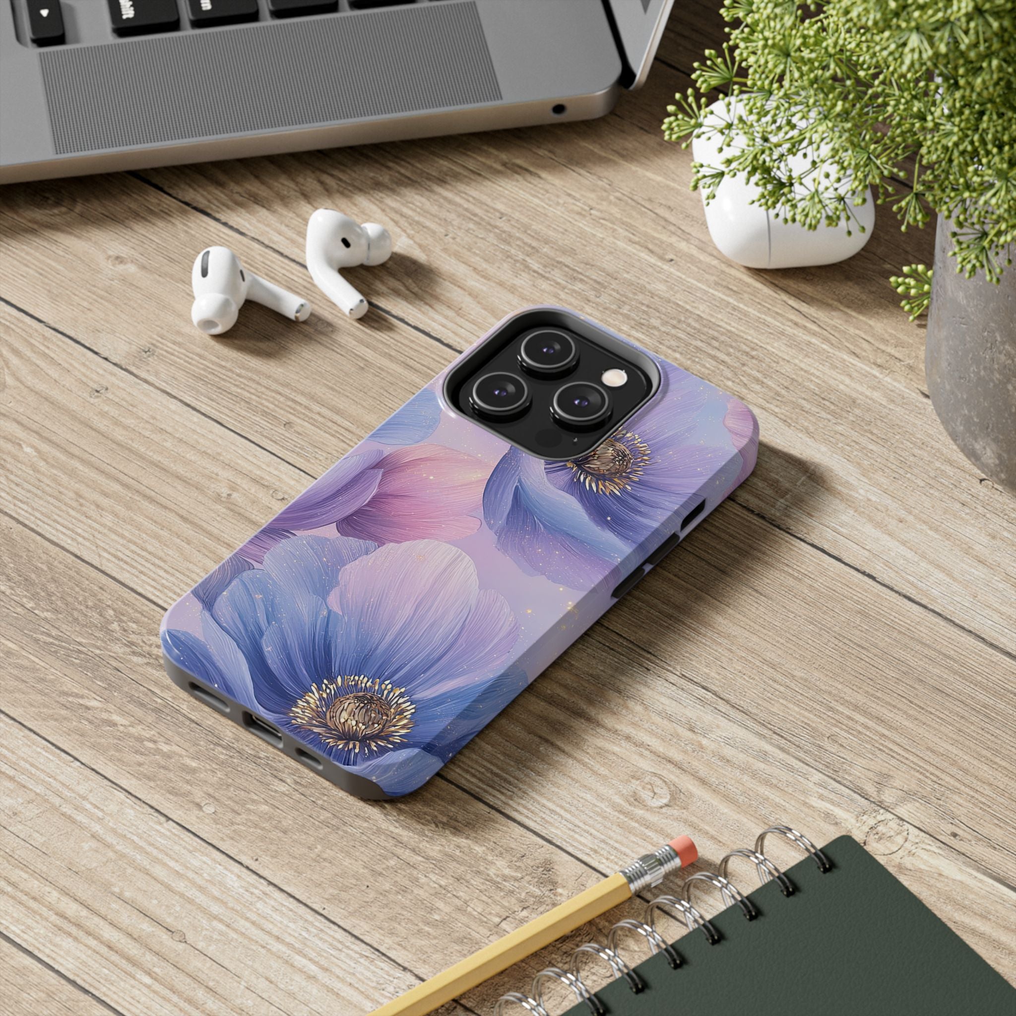 Floral Purple Blue Pink Tough Phone Case Elegant Flower Design for Protection Impact Resistant iPhone Samsung Cover