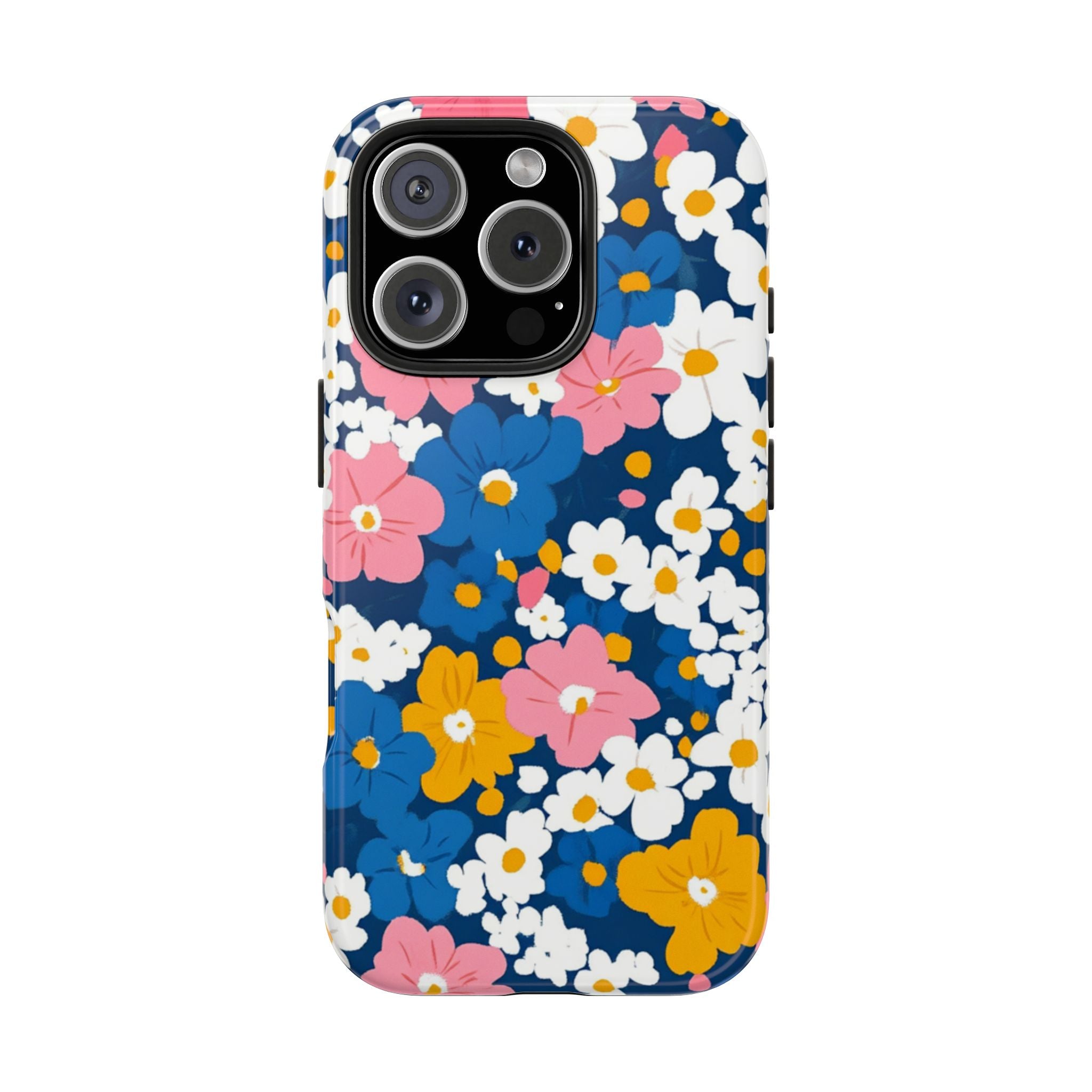 Blue, White, & Pink Floral Impact Resistant Tough iPhone Samsung Case Colorful Flower Design for Stylish Protection