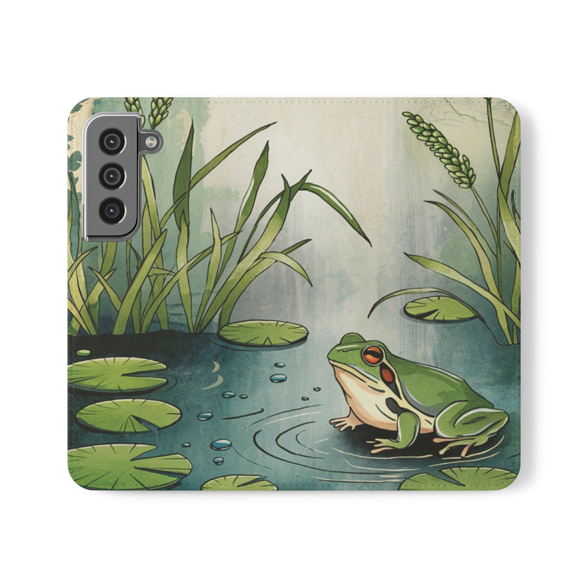 Nature Inspired Frog Flip Case Eco-Friendly iPhone Samsung Wallet with Pond Lily Pad Design