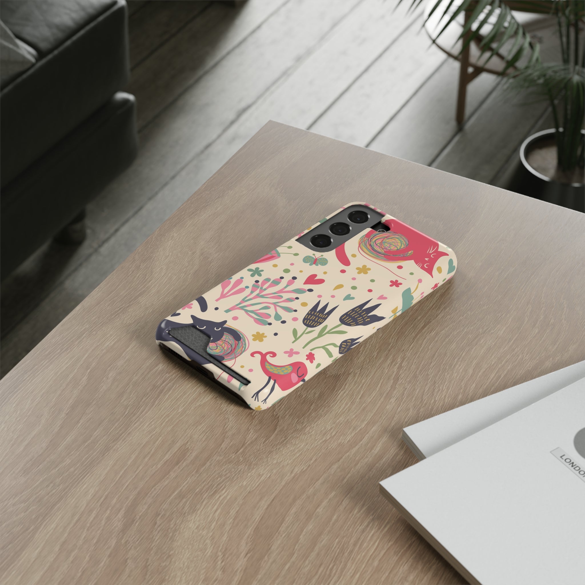 Whimsical Cat Phone Case with Card Holder - Colorful Animal Design