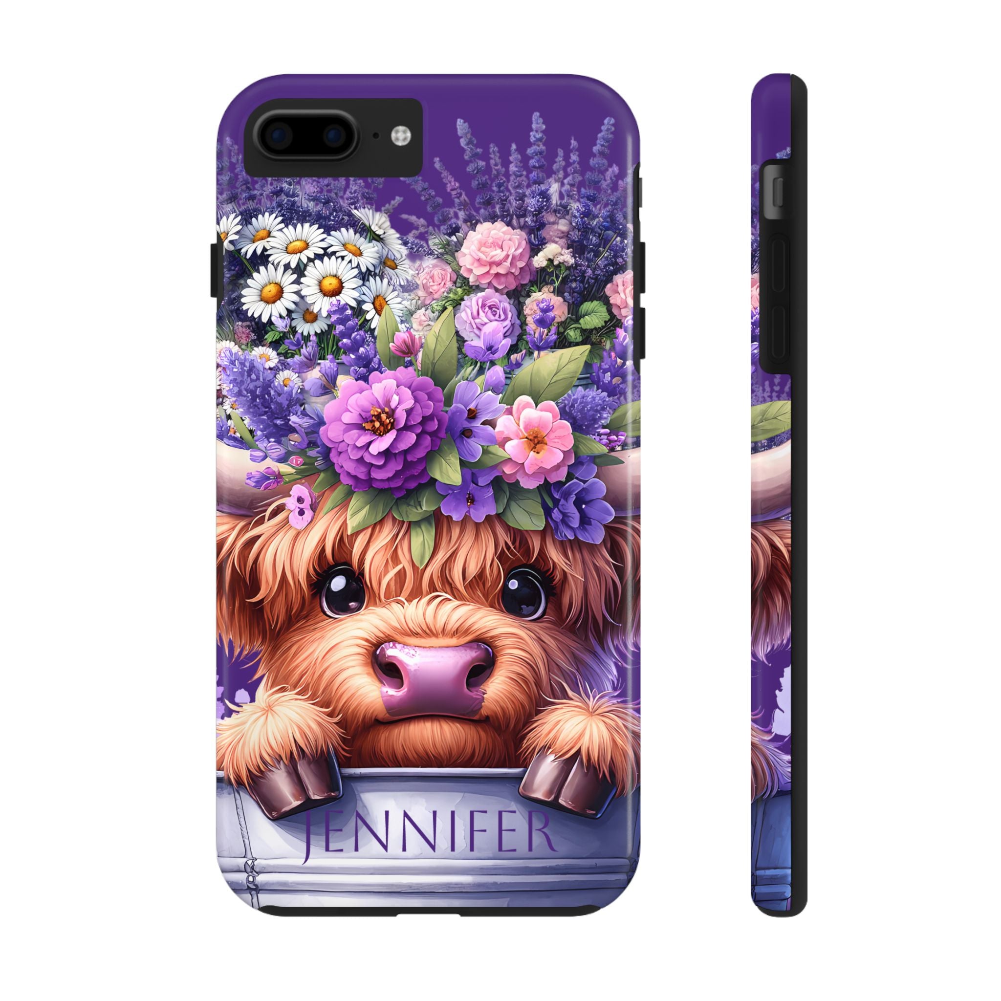 Personalized Floral Purple Highland Cow iPhone Samsung Case Cute & Durable Tough Phone Cases for Animal Lovers