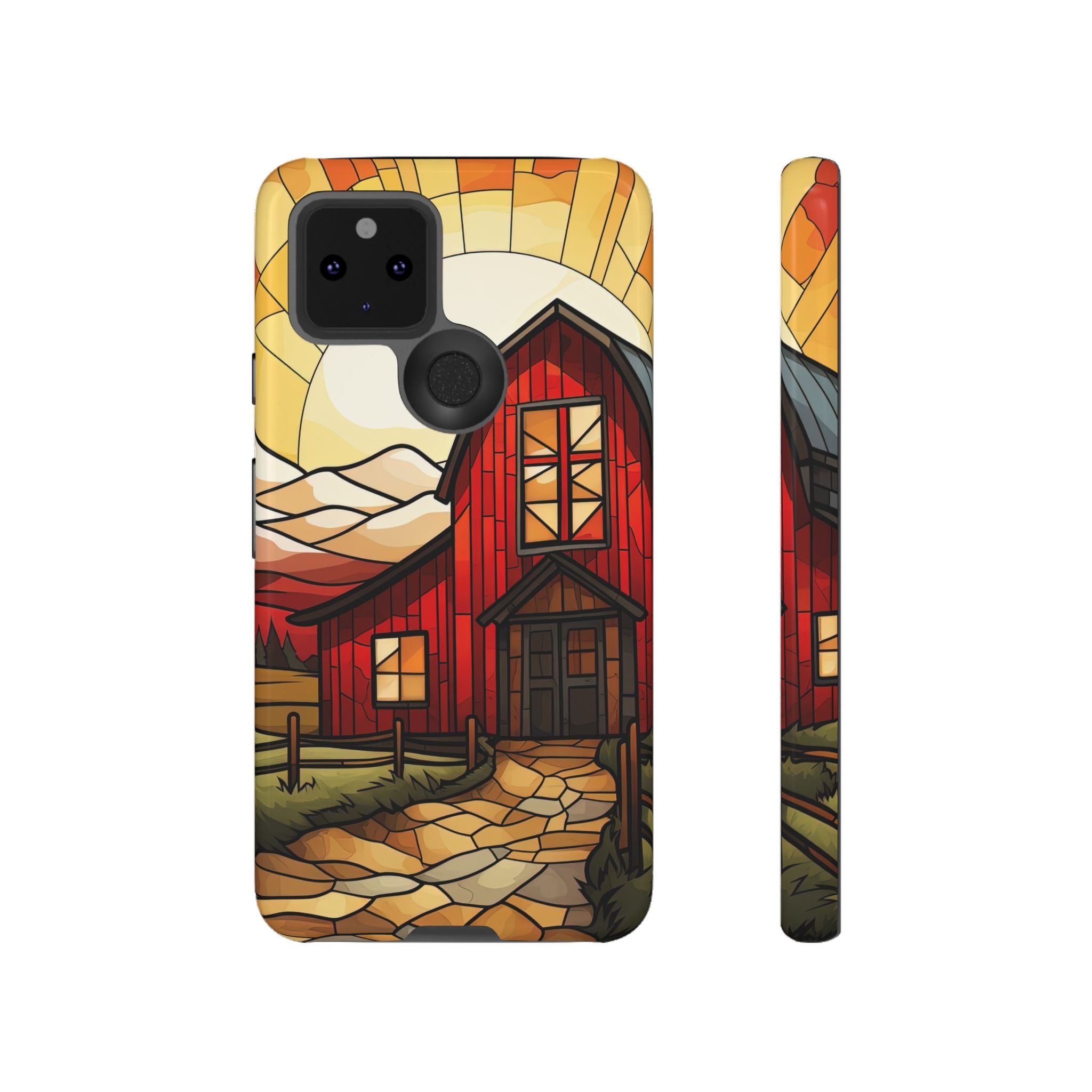 Rustic Barn Farm Google Pixel Phone Case Tough Impact Resistant Case with Vintage Stained Glass Design Cover
