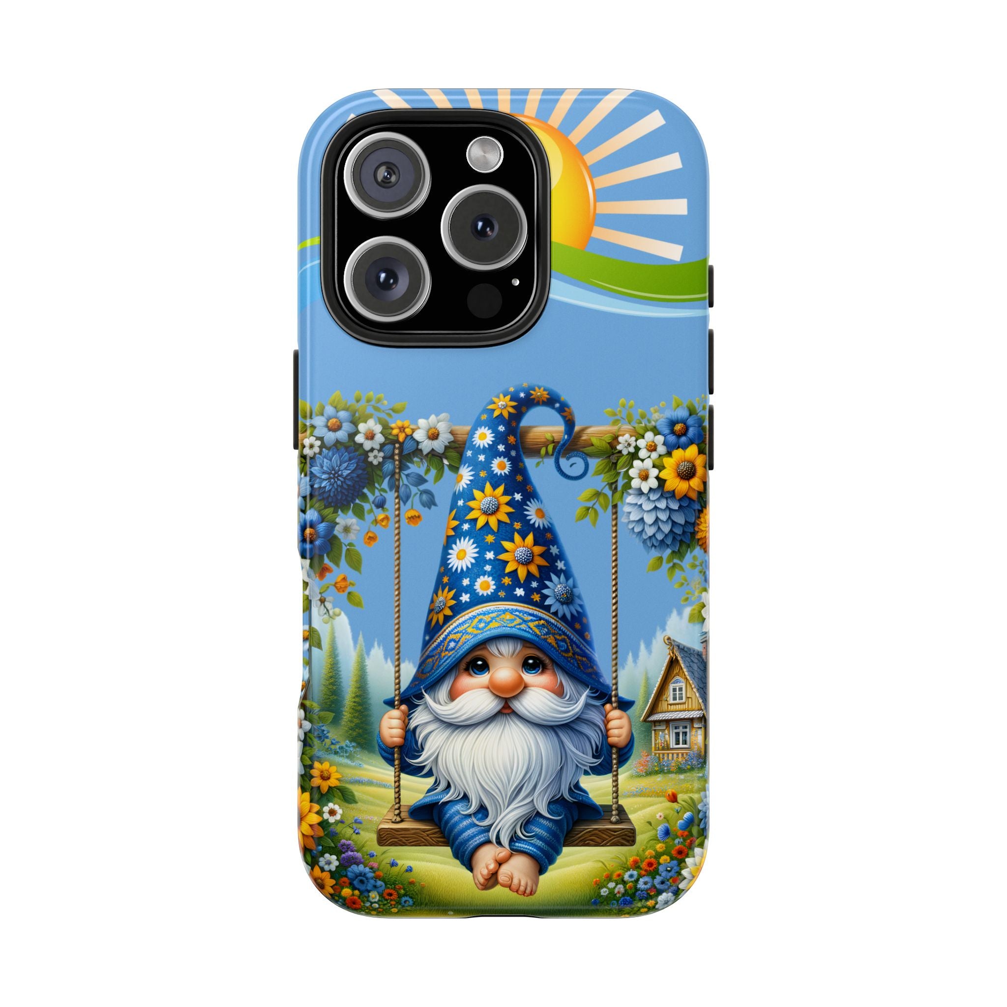 Cute Blue Floral Gnome Phone Case, Cute Gnome Case, Summer Vibe, Gift for Garden Lovers, Protective Phone Cover