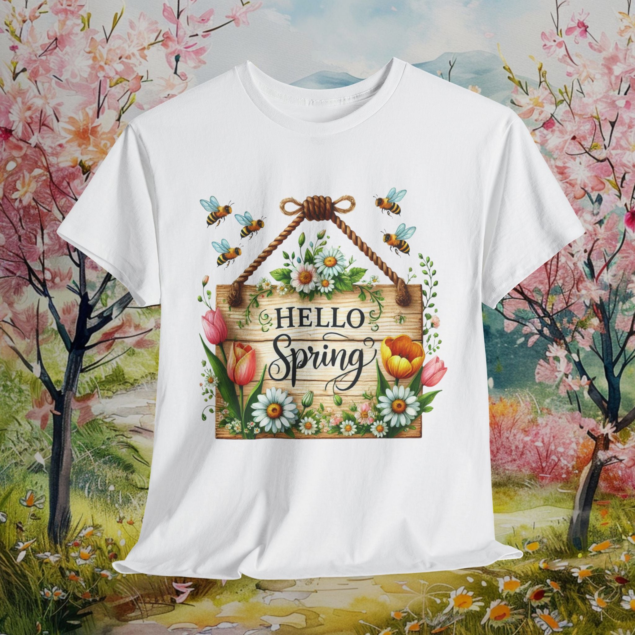 Hello Spring Heavy Cotton Tee - Floral Graphic Tee for Spring Celebrations